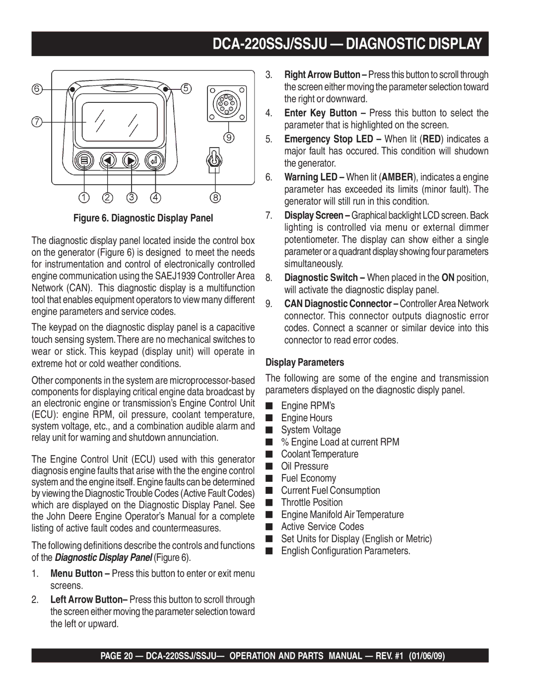 Multiquip DCA-220SSJ operation manual Menu Button Press this button to enter or exit menu screens, Display Parameters 