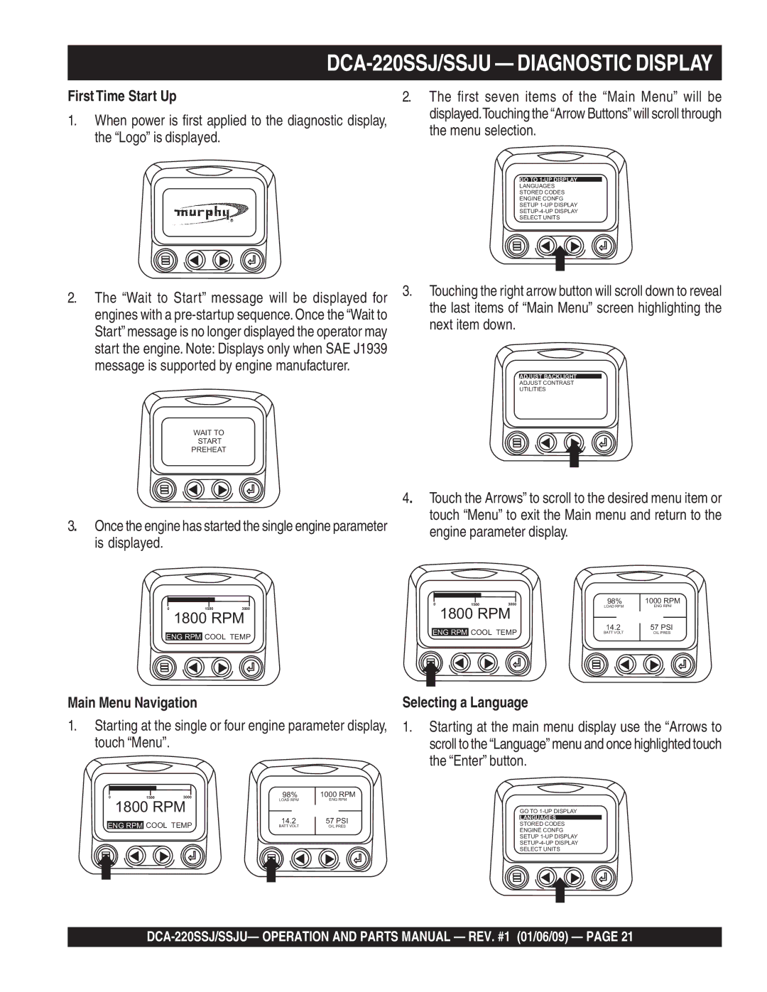 Multiquip operation manual DCA-220SSJ/SSJU Diagnostic Display, First Time Start Up, Next item down, Main Menu Navigation 