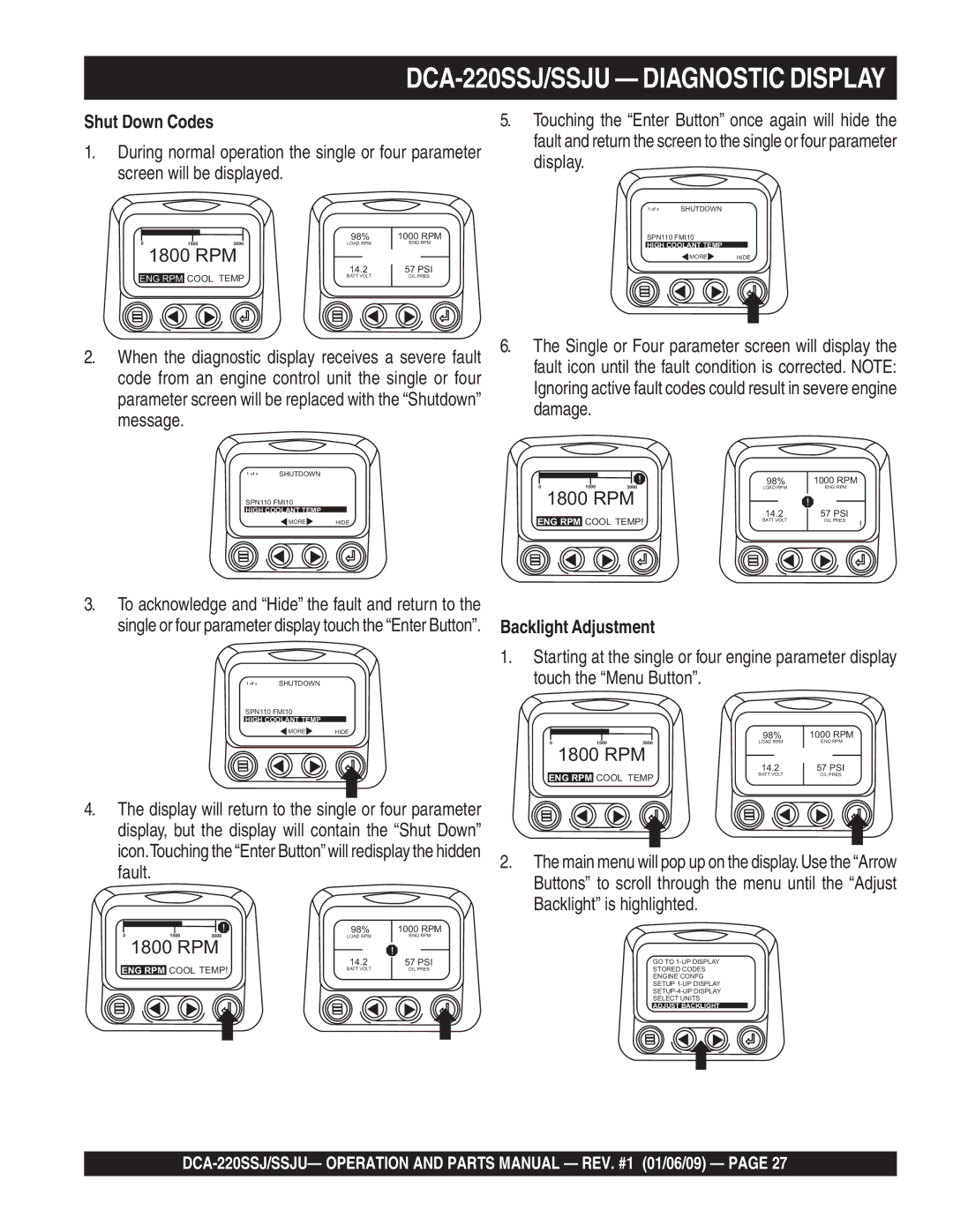 Multiquip DCA-220SSJ operation manual Shut Down Codes, Code from an engine control unit the single or four, Damage, Message 