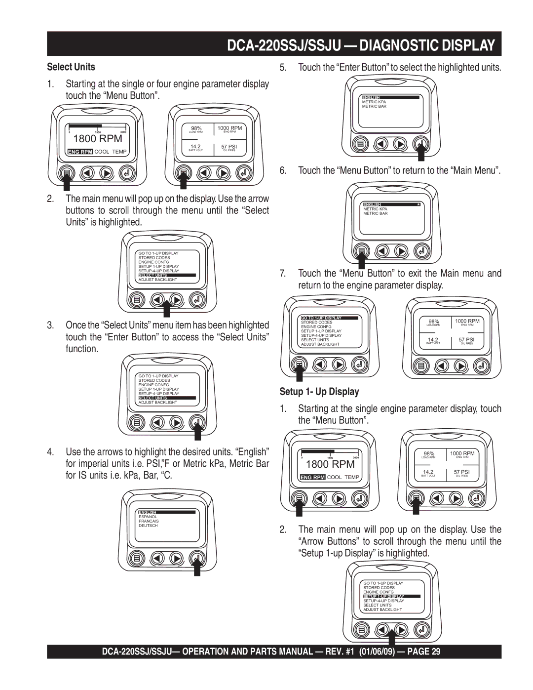 Multiquip DCA-220SSJ operation manual Select Units, Setup 1- Up Display 