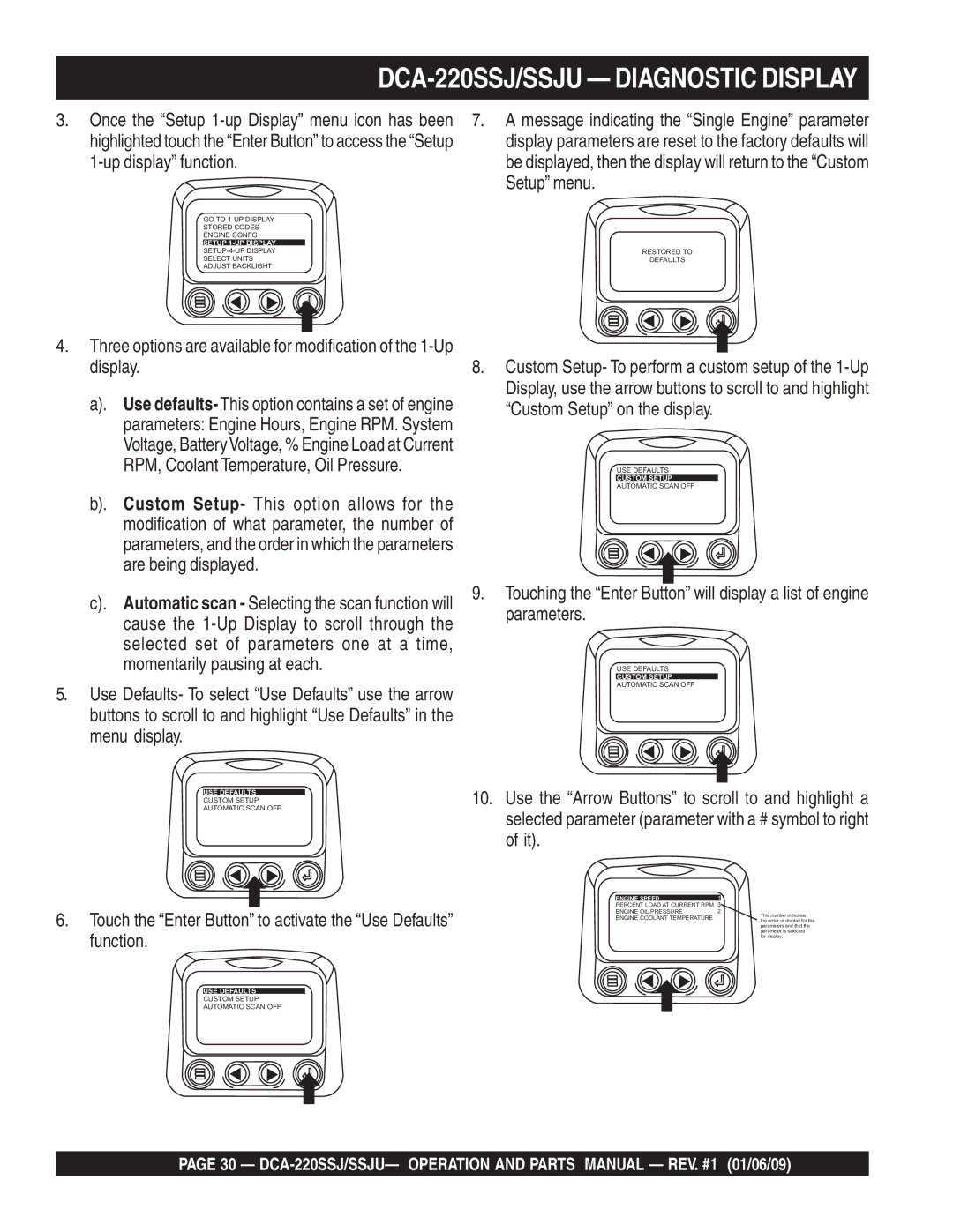 Multiquip DCA-220SSJ operation manual Once the Setup 1-up Display menu icon has been, Up display function, Setup menu 