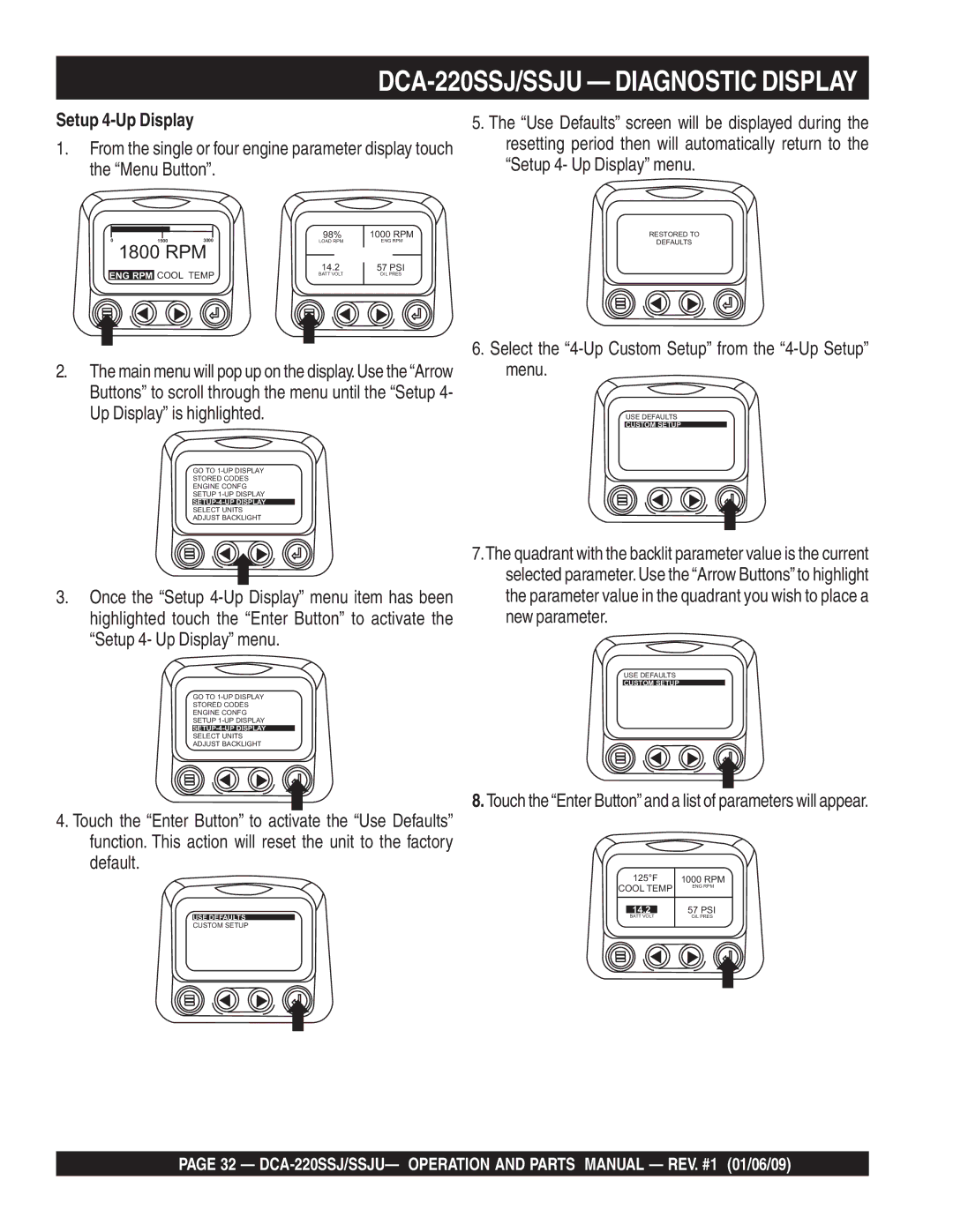 Multiquip DCA-220SSJ operation manual Setup 4-Up Display, Select the 4-Up Custom Setup from the 4-Up Setup menu 