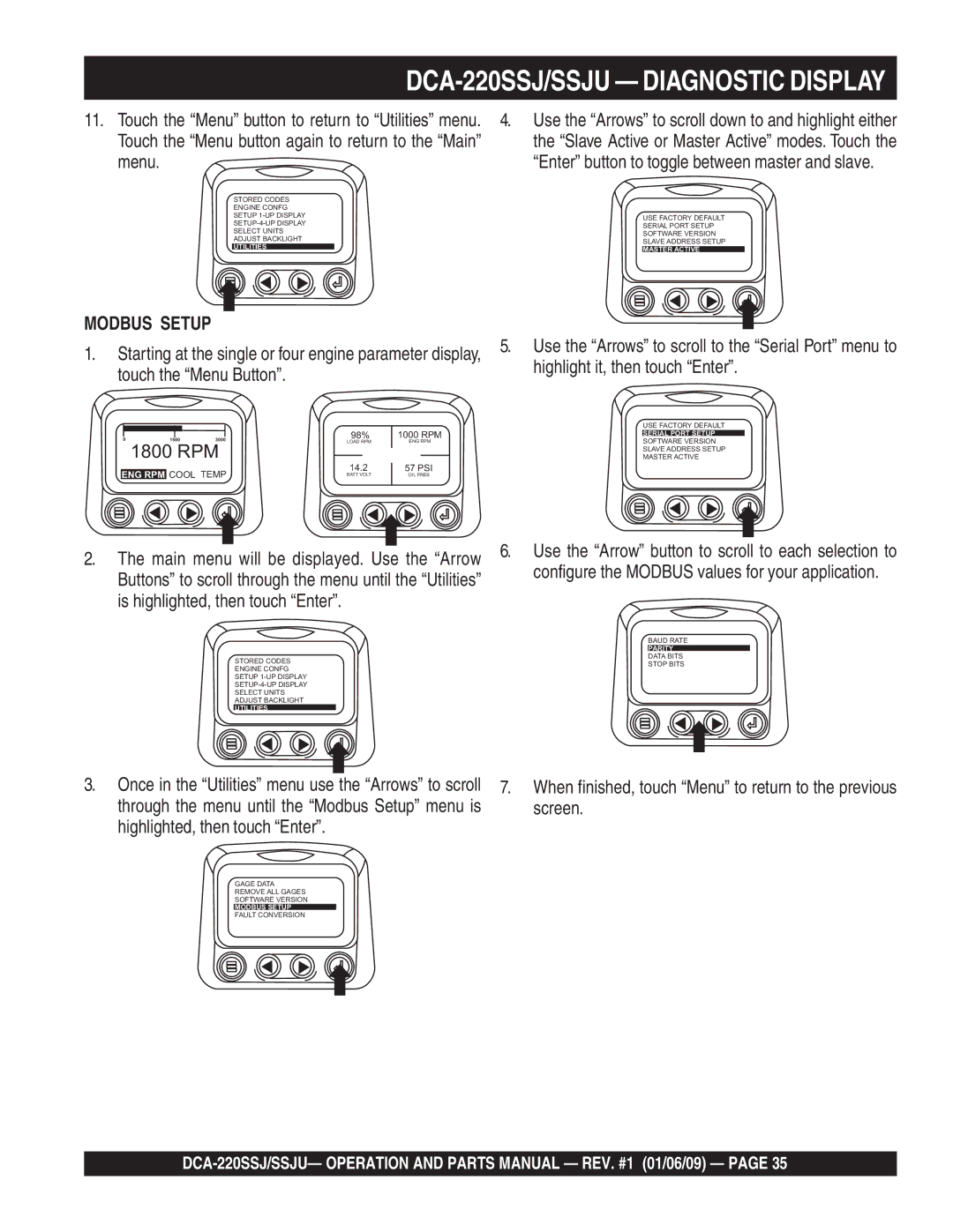 Multiquip DCA-220SSJ operation manual Touch the Menu button again to return to the Main 