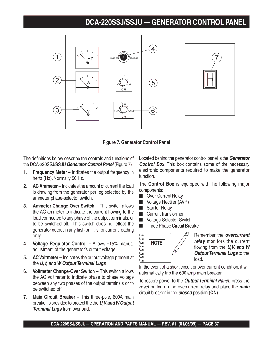 Multiquip operation manual DCA-220SSJ/SSJU Generator Control Panel 