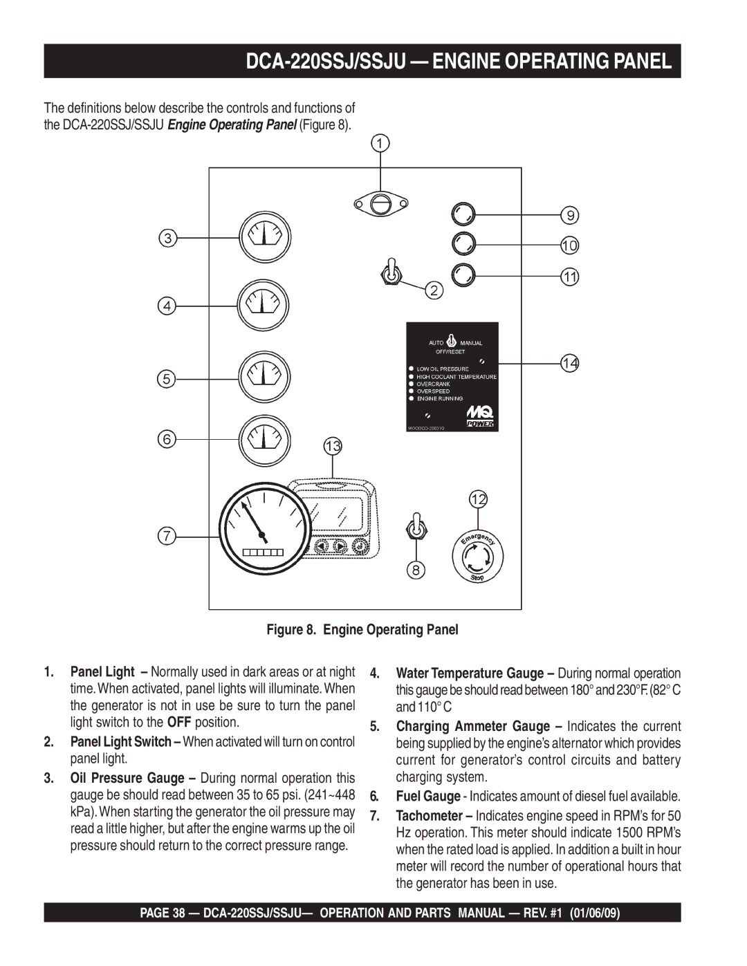 Multiquip operation manual DCA-220SSJ/SSJU Engine Operating Panel, Fuel Gauge Indicates amount of diesel fuel available 