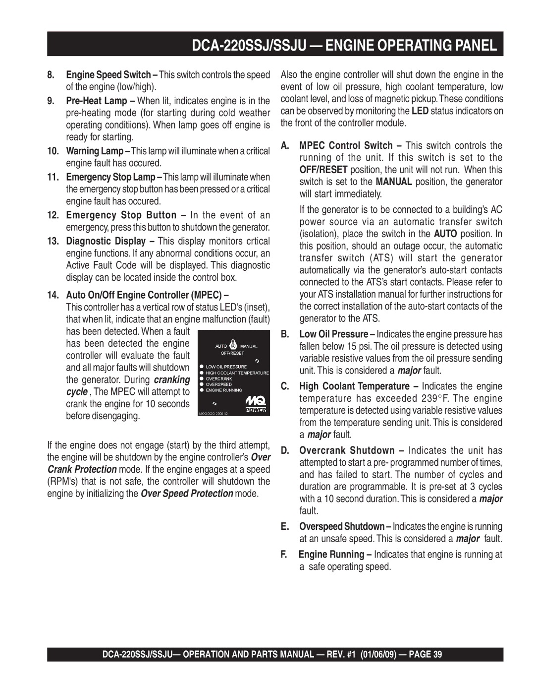 Multiquip operation manual DCA-220SSJ/SSJU Engine Operating Panel, Auto On/Off Engine Controller Mpec 