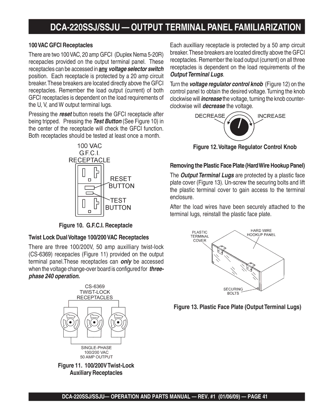 Multiquip operation manual DCA-220SSJ/SSJU Output Terminal Panel Familiarization, 100VAC Gfci Receptacles 