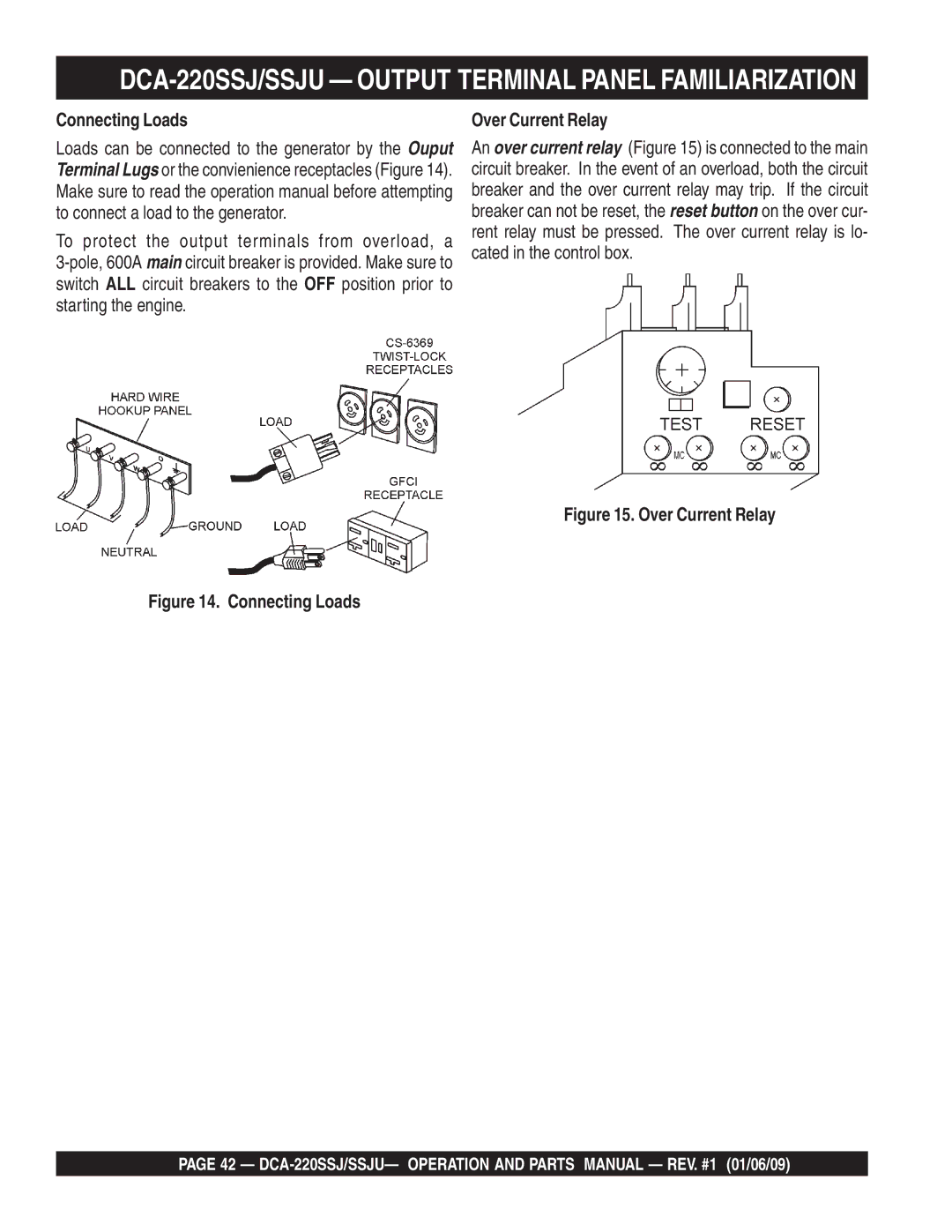 Multiquip DCA-220SSJ operation manual Connecting Loads, Over Current Relay 