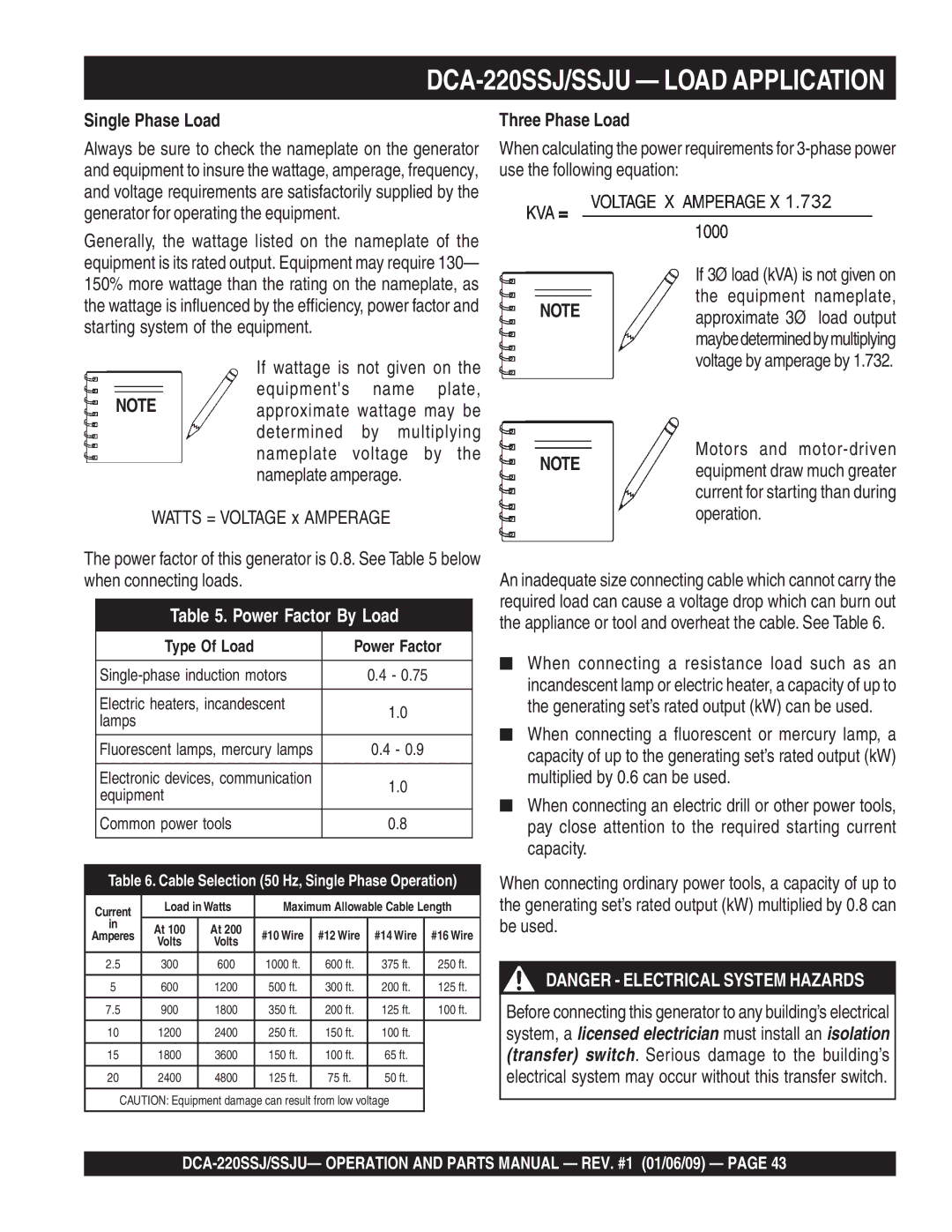 Multiquip DCA-220SSJ/SSJU Load Application, Single Phase Load, Three Phase Load, Motors and motor-driven 