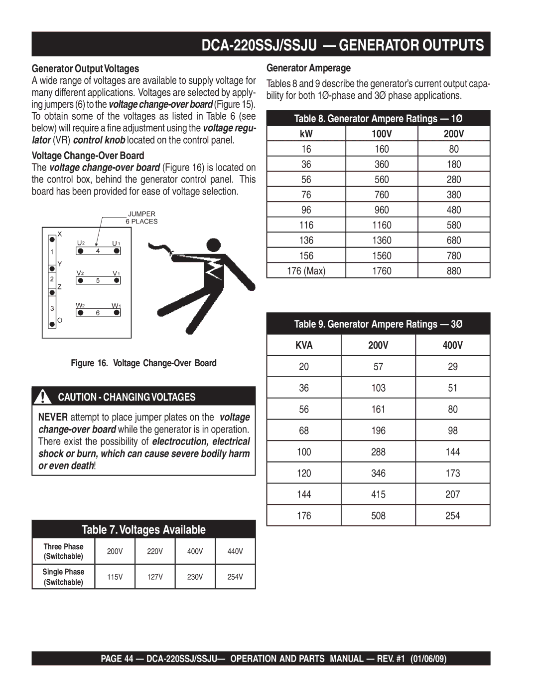 Multiquip DCA-220SSJ Generator OutputVoltages, Voltage Change-Over Board, Generator Amperage, 100V 200V, 200V 400V 
