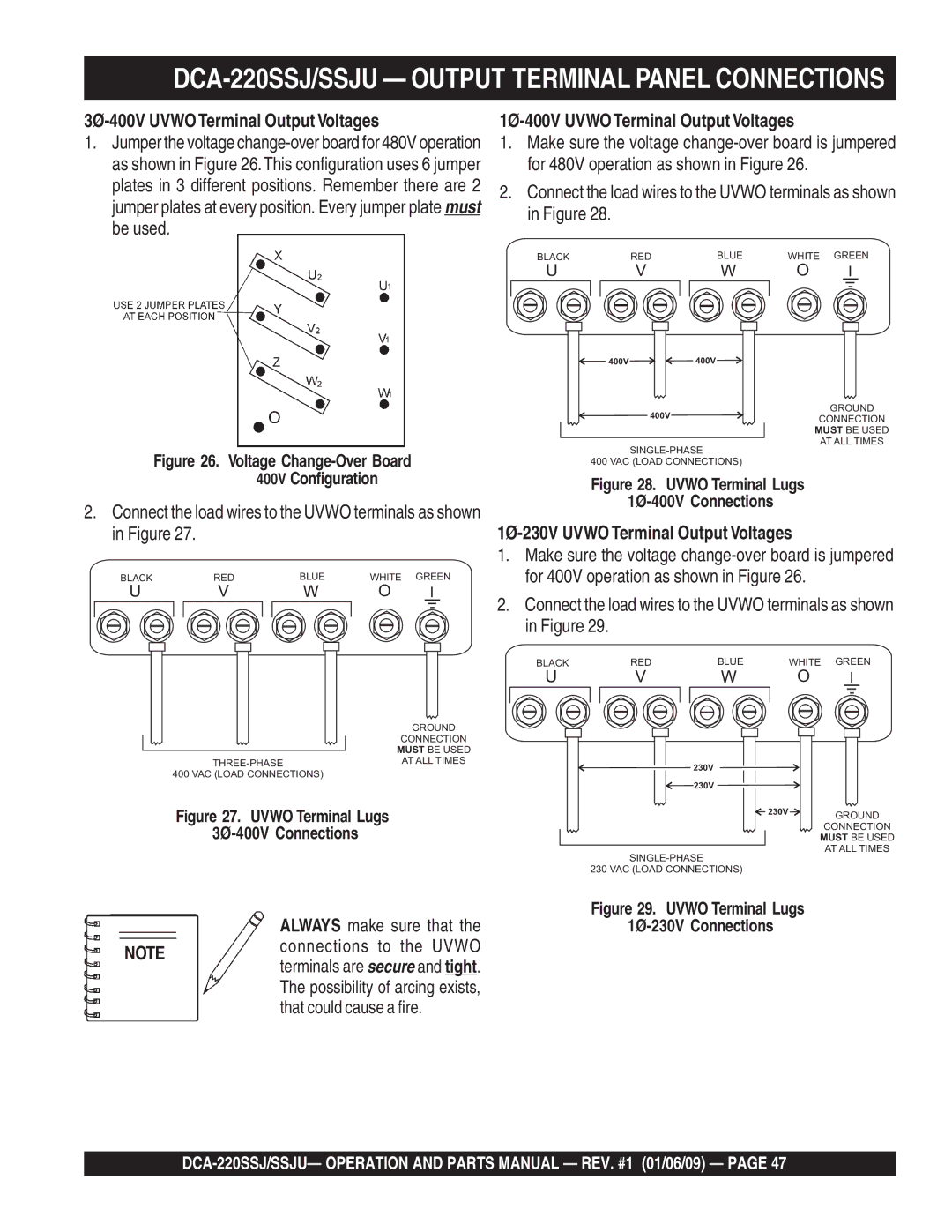 Multiquip operation manual DCA-220SSJ/SSJU Output Terminal Panel Connections, 3Ø-400V UVWOTerminal Output Voltages 