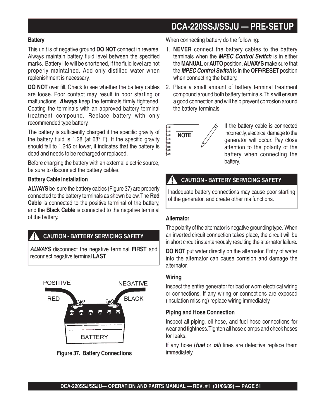 Multiquip DCA-220SSJ operation manual Battery Cable Installation, Alternator, Wiring, Piping and Hose Connection 