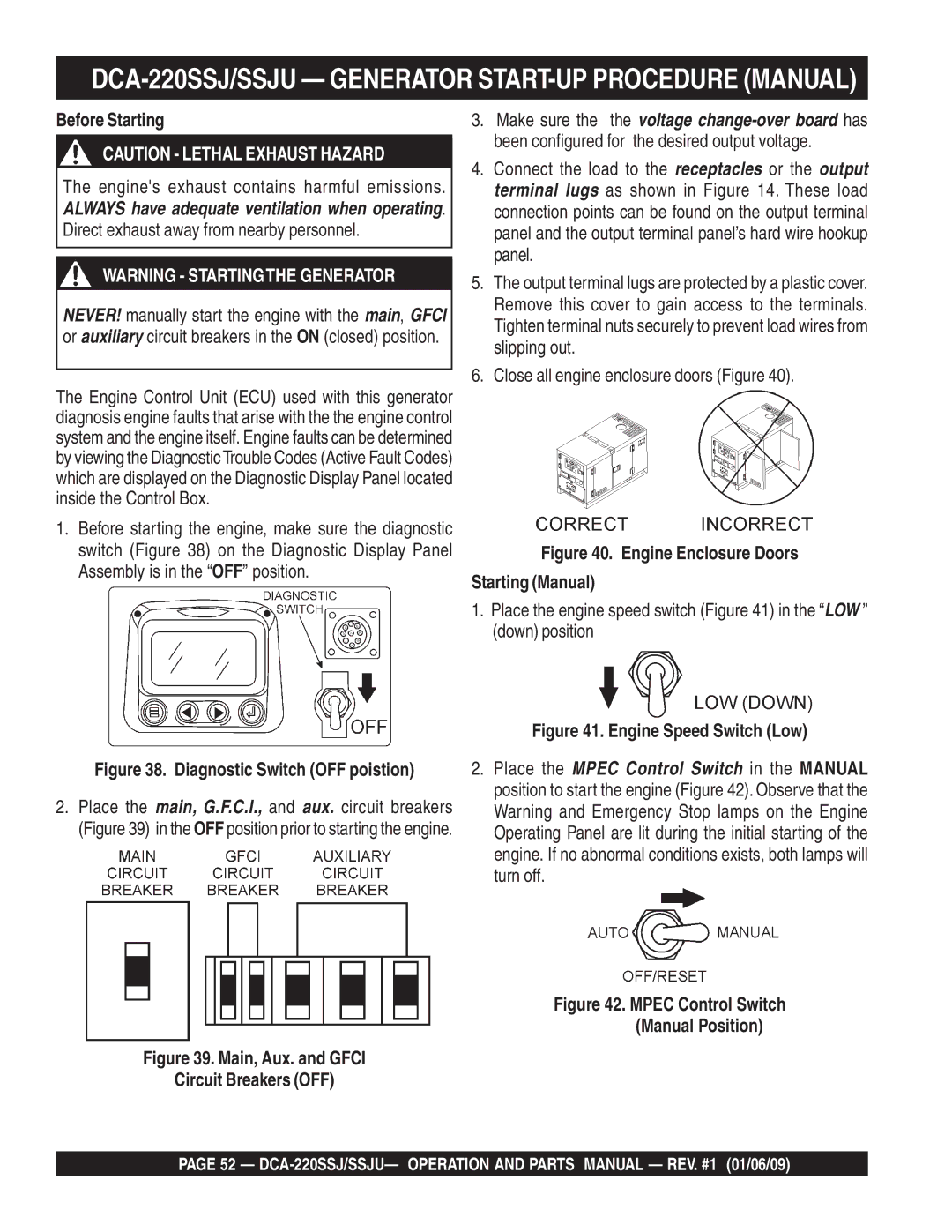 Multiquip operation manual DCA-220SSJ/SSJU Generator START-UP Procedure Manual, Before Starting 