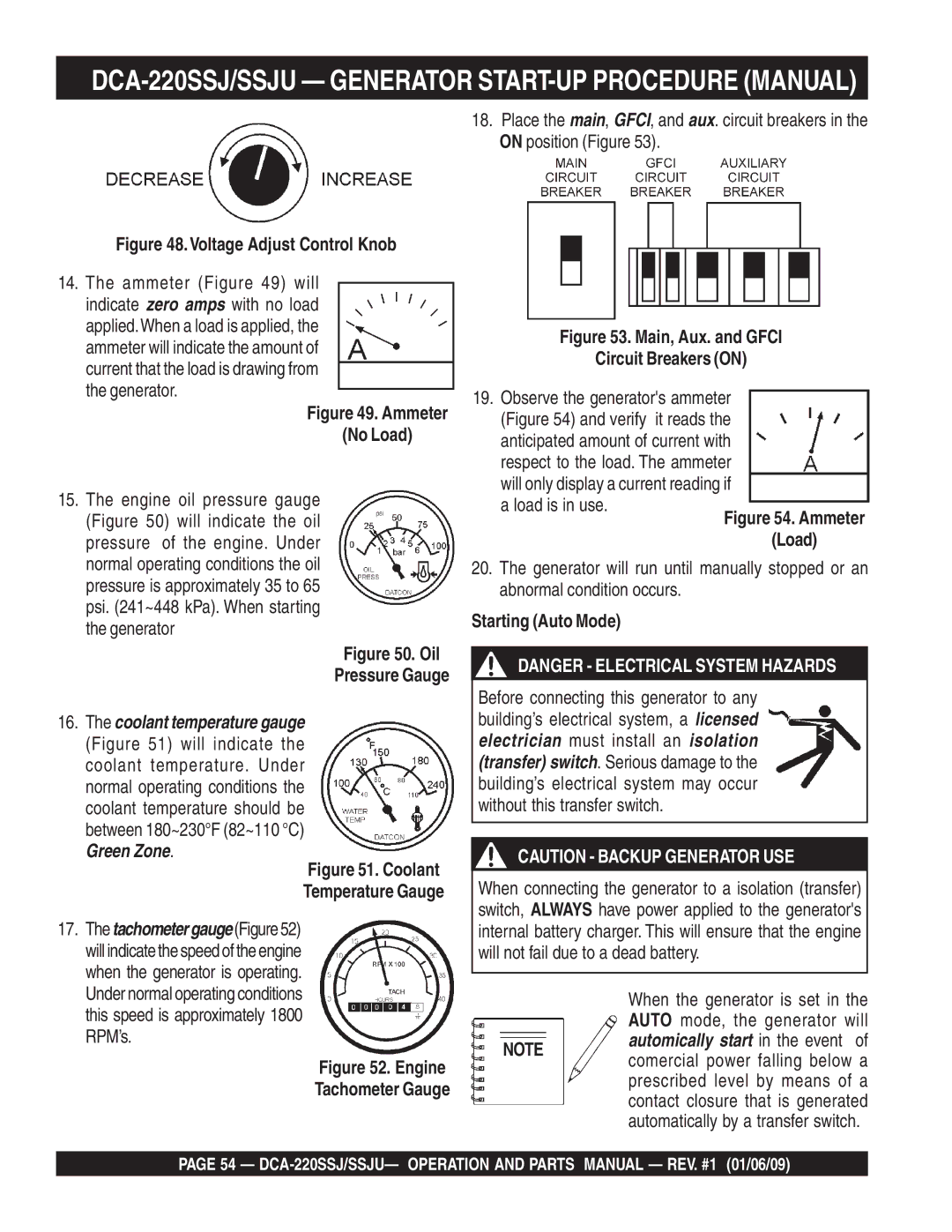 Multiquip DCA-220SSJ operation manual No Load, Tachometer Gauge, Starting Auto Mode 