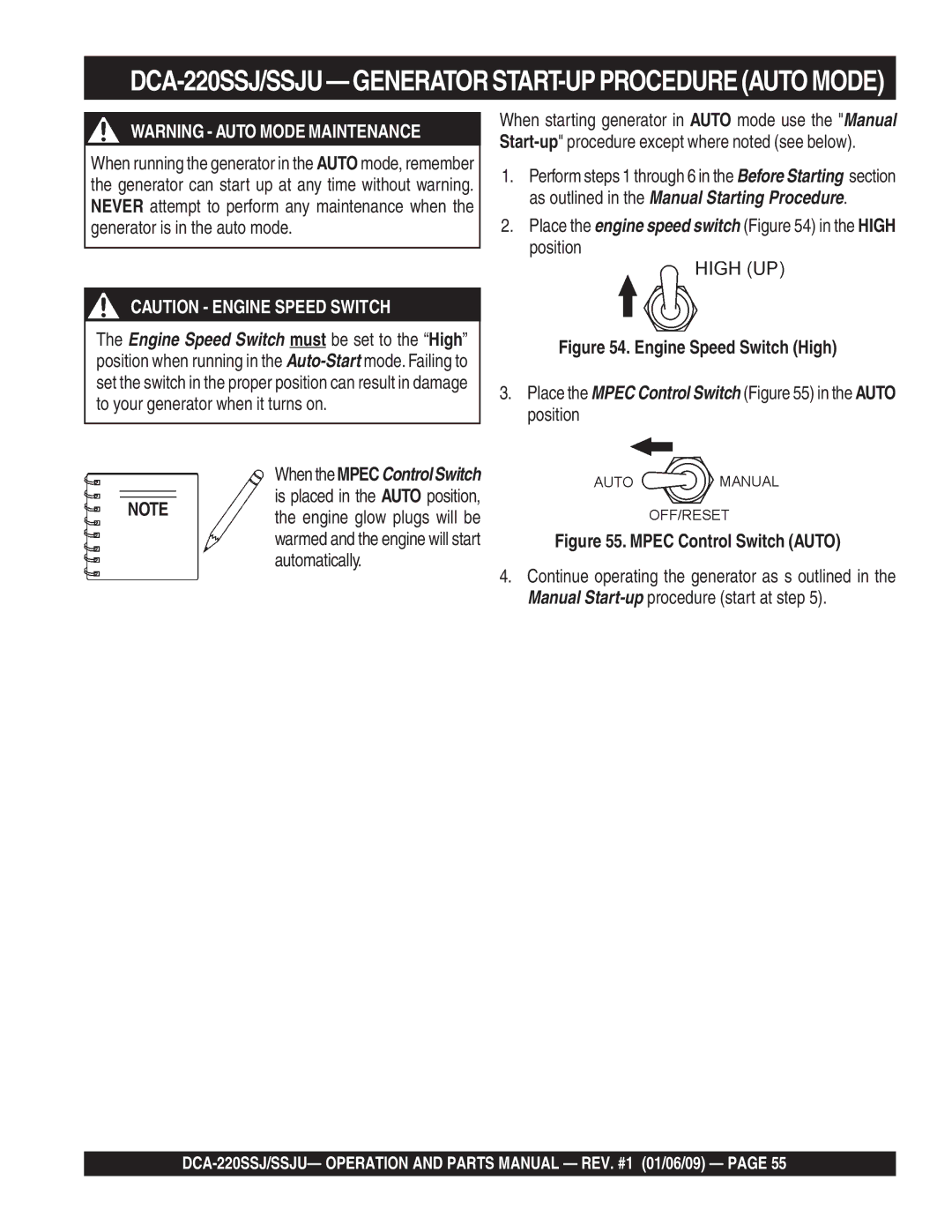 Multiquip DCA-220SSJ operation manual Place the engine speed switch in the High position 