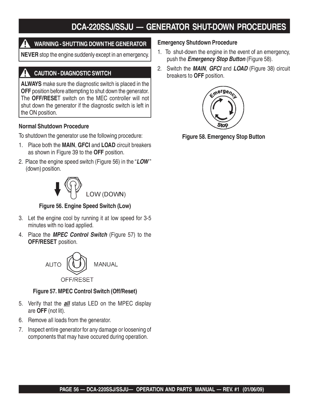 Multiquip DCA-220SSJ operation manual Normal Shutdown Procedure, Emergency Shutdown Procedure 