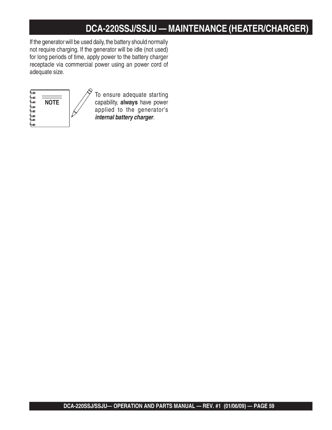 Multiquip operation manual DCA-220SSJ/SSJU Maintenance HEATER/CHARGER, To ensure adequate starting 