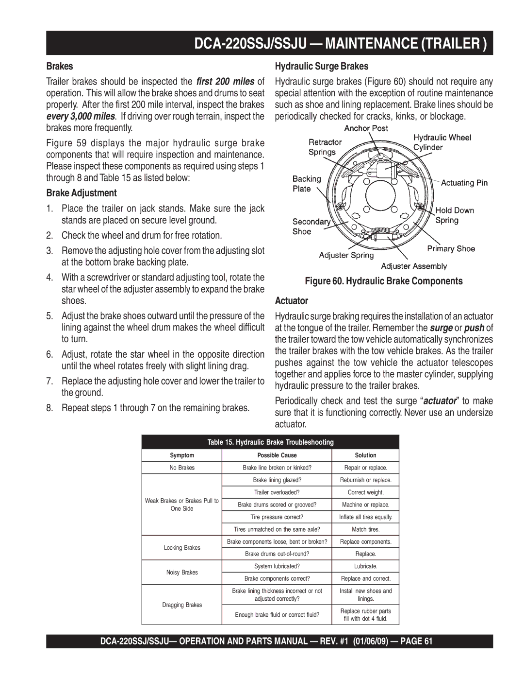 Multiquip DCA-220SSJ Brake Adjustment, Check the wheel and drum for free rotation, Hydraulic Surge Brakes 