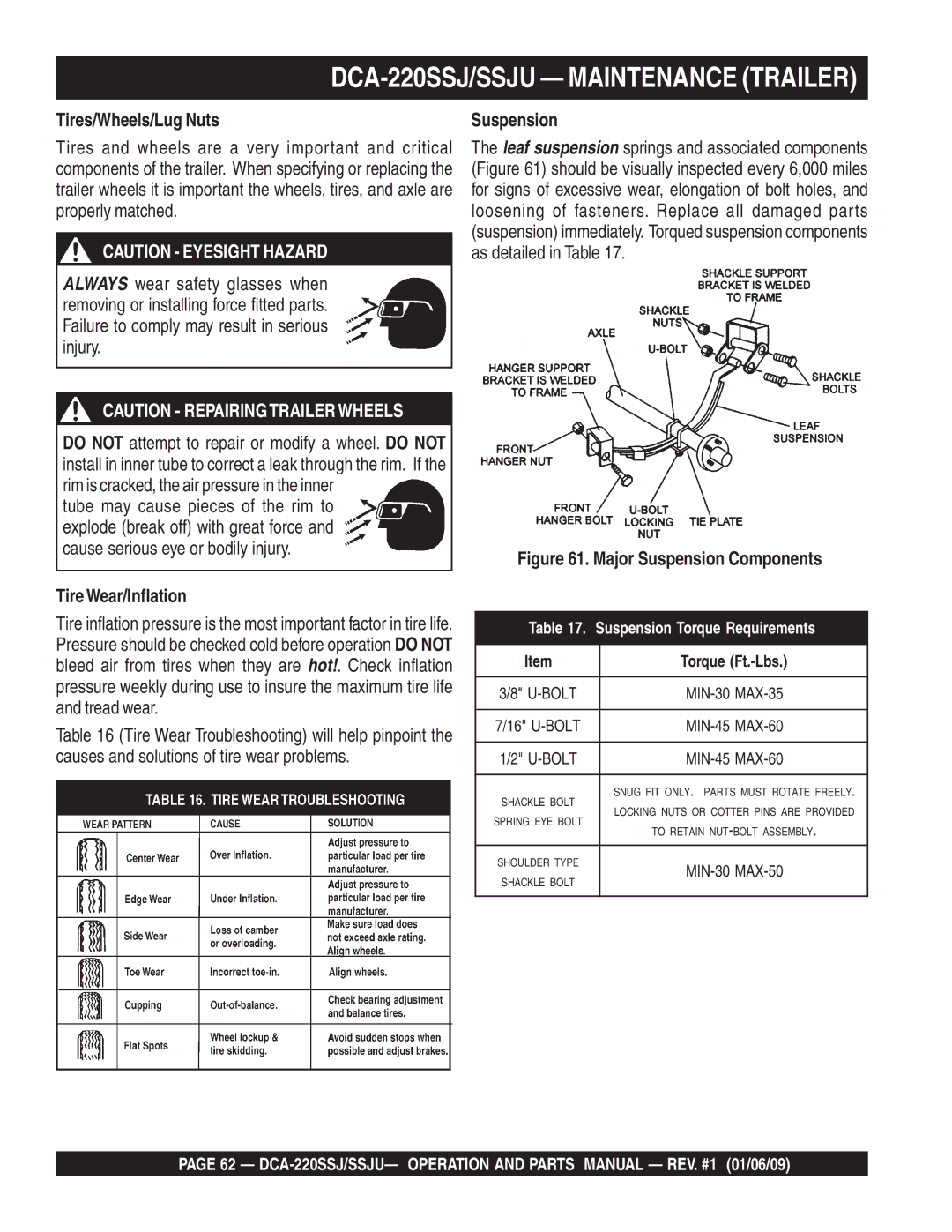 Multiquip DCA-220SSJ operation manual Tires/Wheels/Lug Nuts, TireWear/Inflation, Suspension 