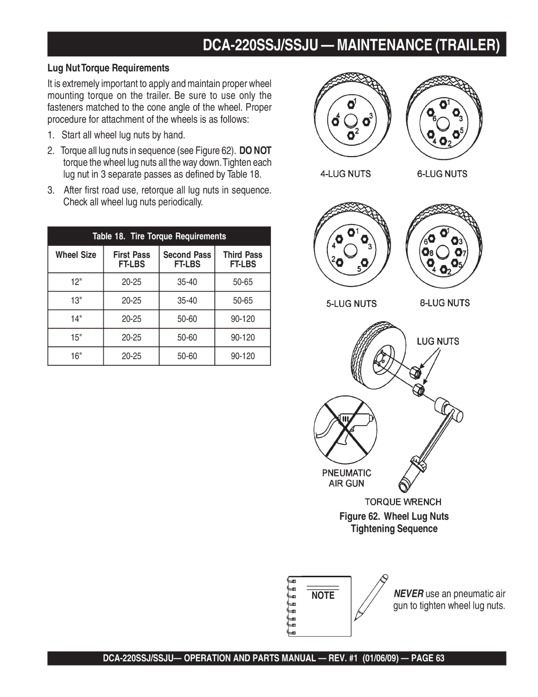 Multiquip DCA-220SSJ/SSJU Maintenance Trailer, Lug Nut Torque Requirements, Start all wheel lug nuts by hand 