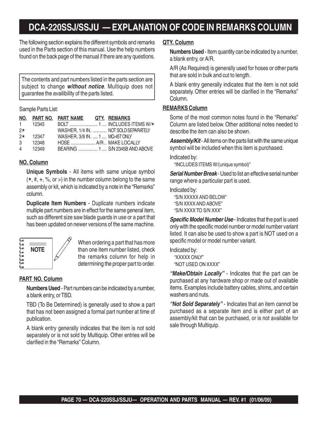 Multiquip operation manual DCA-220SSJ/SSJU Explanation of Code in Remarks Column, Sample Parts List 