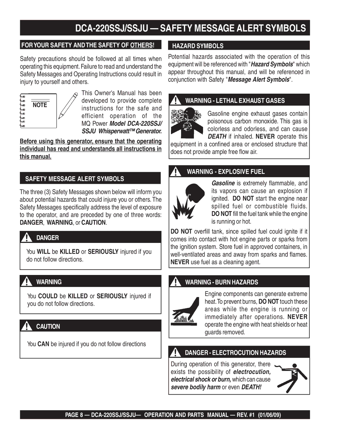 Multiquip operation manual DCA-220SSJ/SSJU Safety Message Alert Symbols, Hazard Symbols 