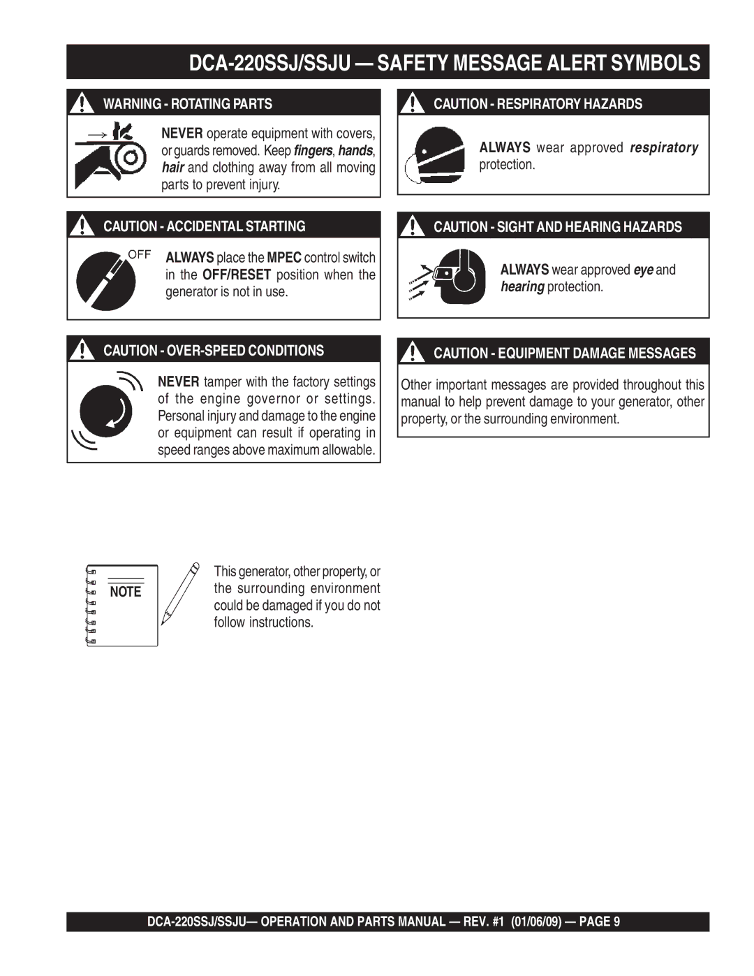 Multiquip operation manual DCA-220SSJ/SSJU Safety Message Alert Symbols, This generator, other property, or 