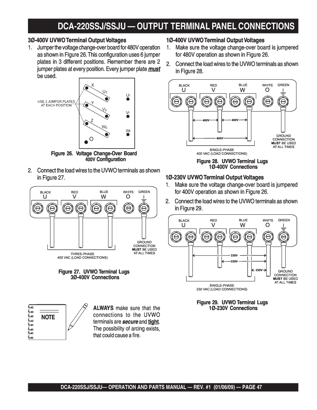 Multiquip operation manual DCA-220SSJ/SSJU - OUTPUT TERMINAL PANEL CONNECTIONS, 3Ø-400V UVWOTerminal Output Voltages 