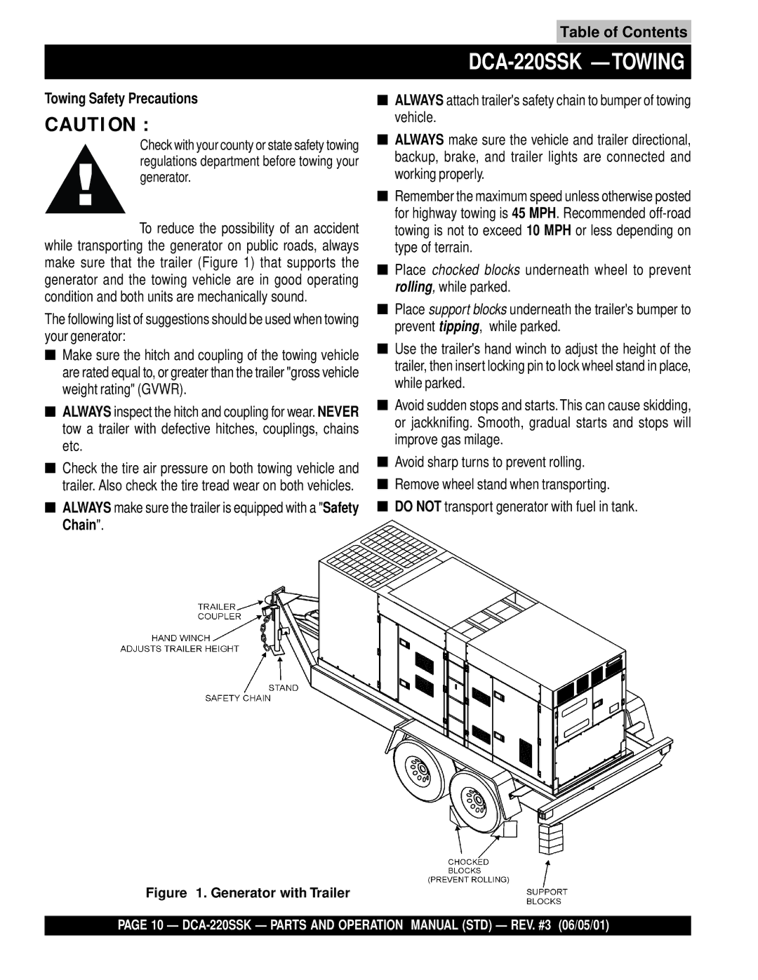 Multiquip operation manual DCA-220SSK Towing, Towing Safety Precautions 