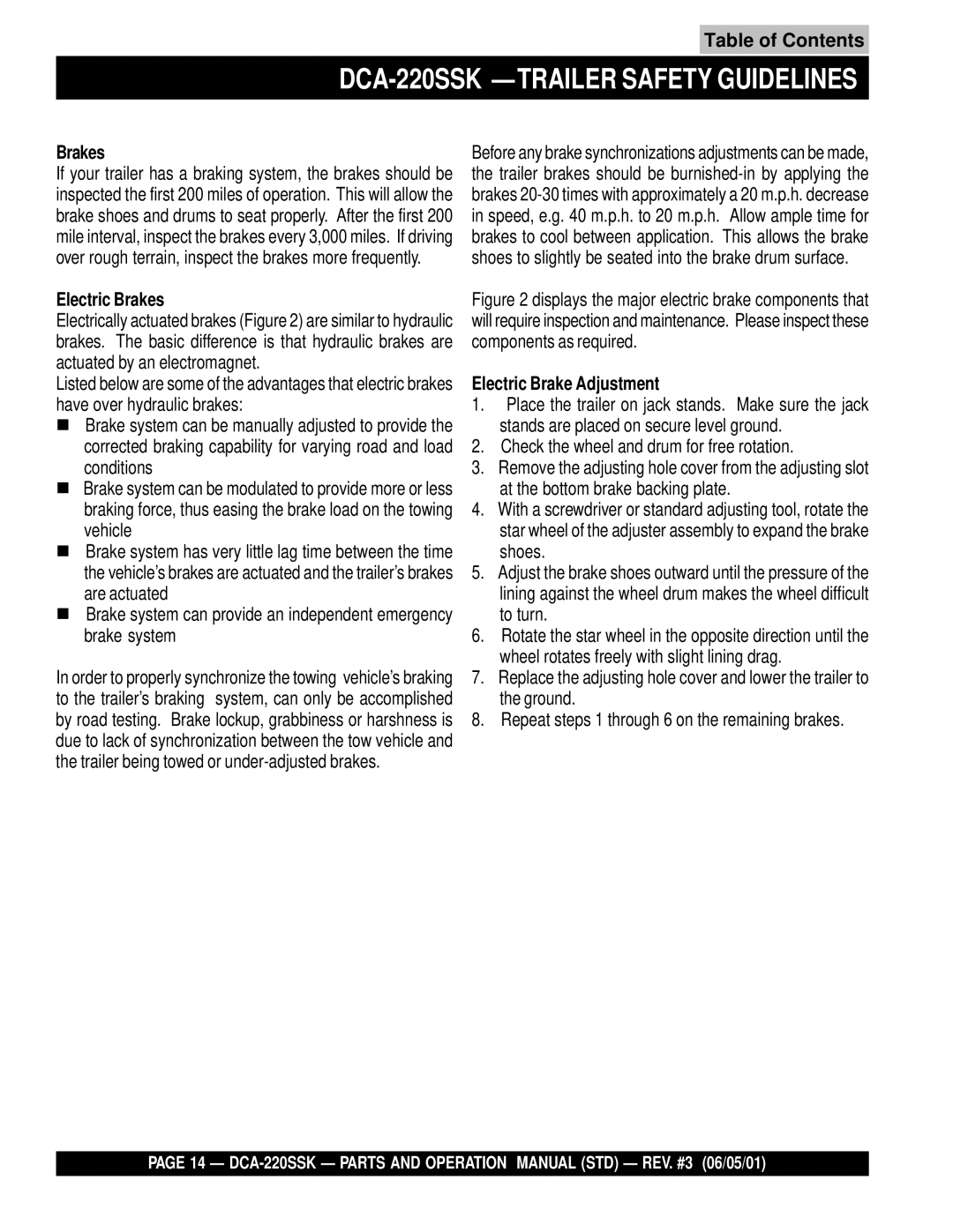 Multiquip operation manual DCA-220SSK -TRAILER Safety Guidelines, Electric Brakes, Electric Brake Adjustment 