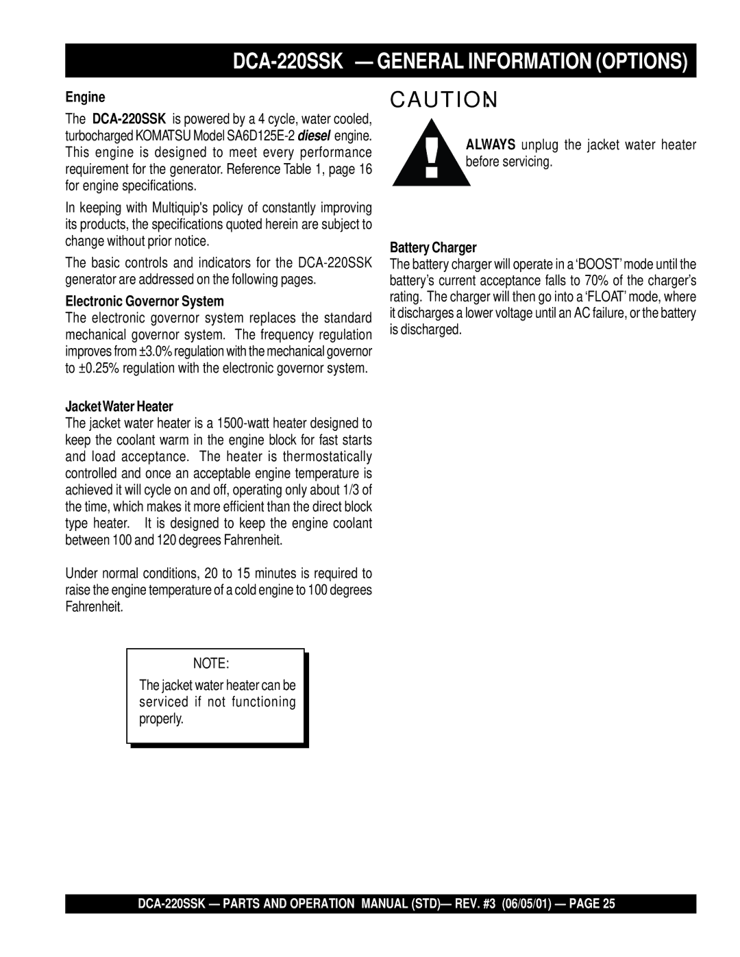 Multiquip DCA-220SSK General Information Options, Table of Contents Engine, Electronic Governor System, Battery Charger 