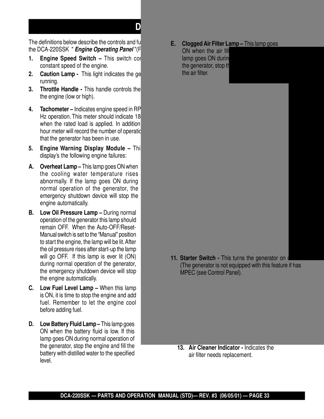 Multiquip operation manual DCA-220SSK Engine Operating Panel 