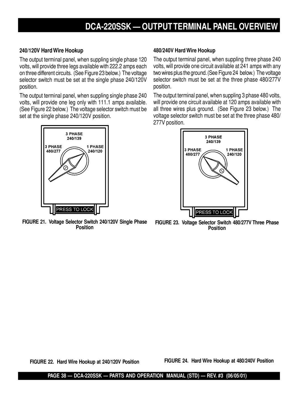 Multiquip DCA-220SSK operation manual 240/120V Hard Wire Hookup, 480/240V Hard Wire Hookup 