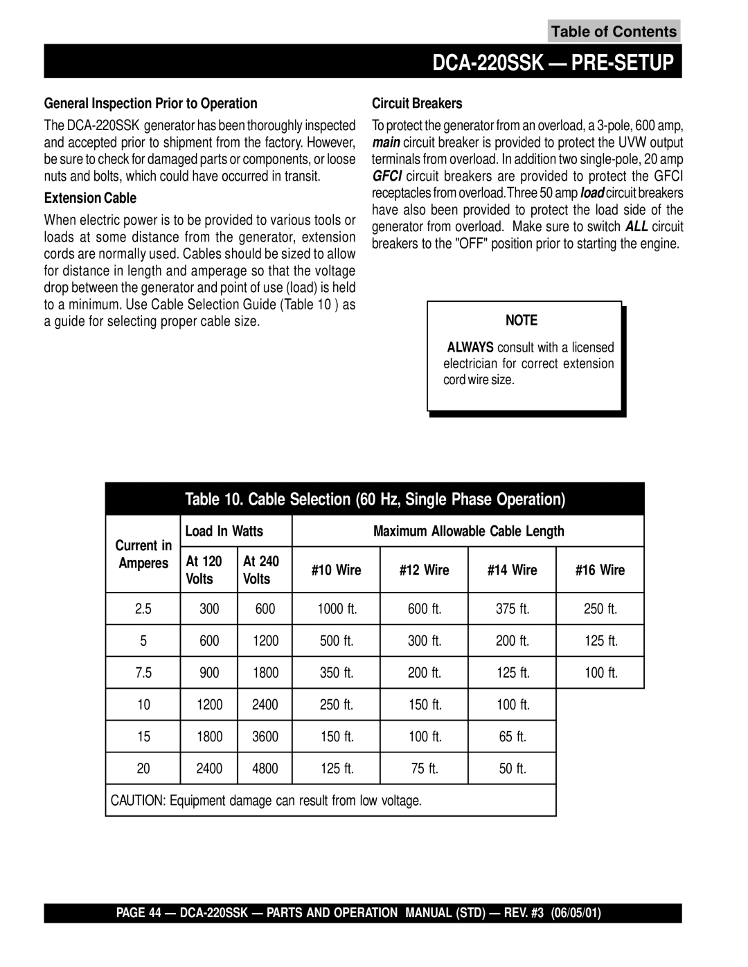 Multiquip operation manual DCA-220SSK PRE-SETUP 