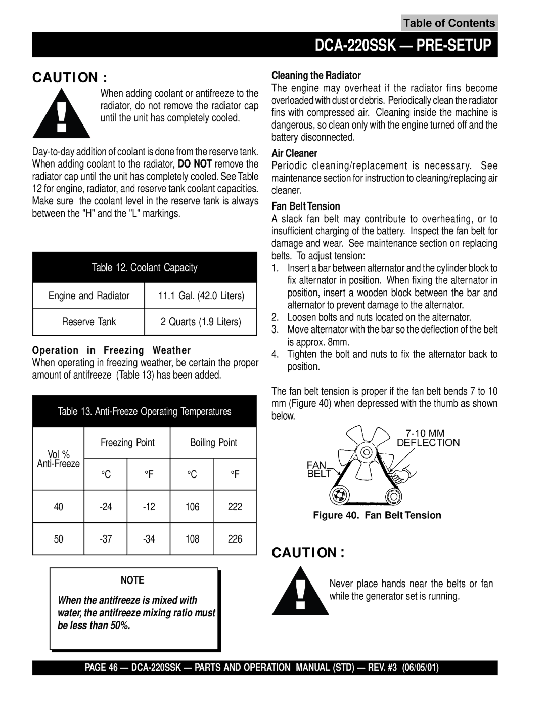 Multiquip DCA-220SSK operation manual Operation in Freezing Weather, Cleaning the Radiator, Air Cleaner, Fan Belt Tension 