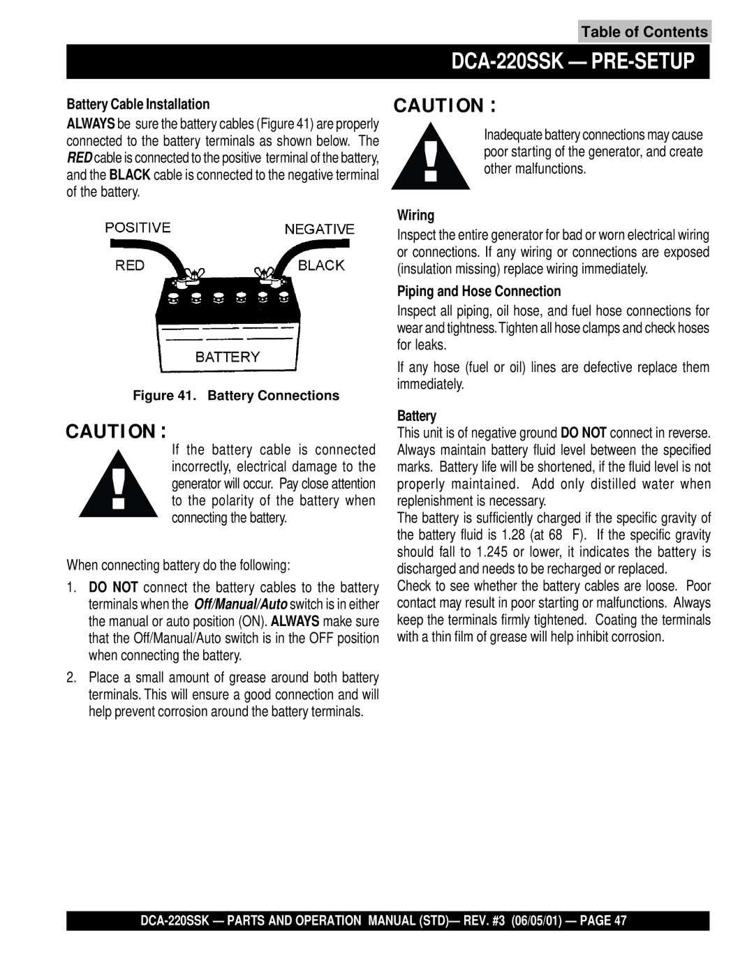 Multiquip DCA-220SSK operation manual Battery Cable Installation, Wiring, Piping and Hose Connection 