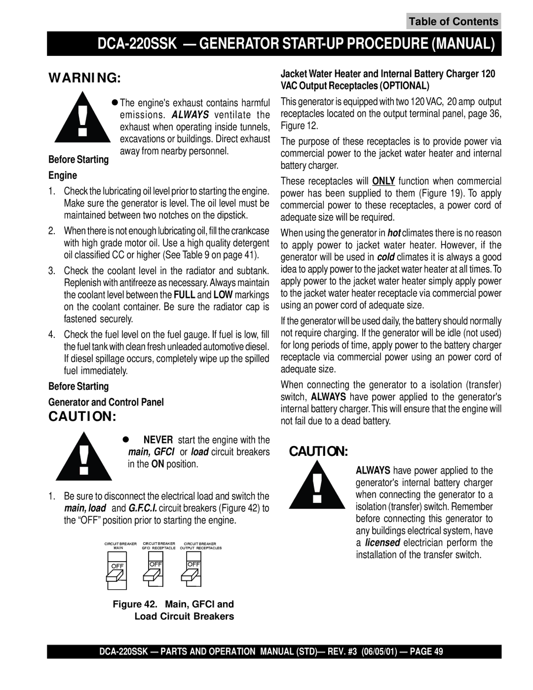 Multiquip DCA-220SSK operation manual VAC Output Receptacles Optional, Before Starting, Generator and Control Panel 