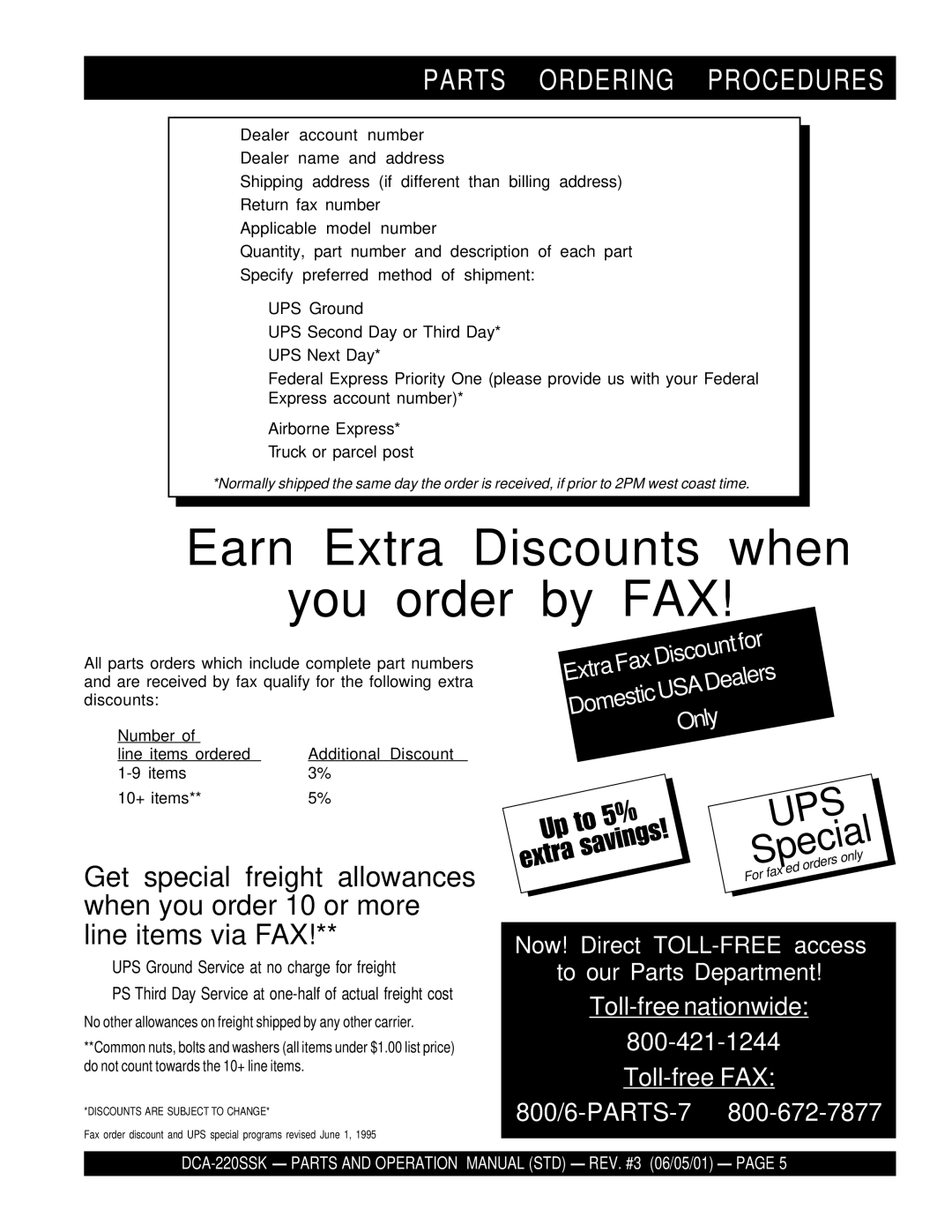 Multiquip DCA-220SSK operation manual Earn Extra Discounts when You order by FAX, Parts Ordering Procedures 