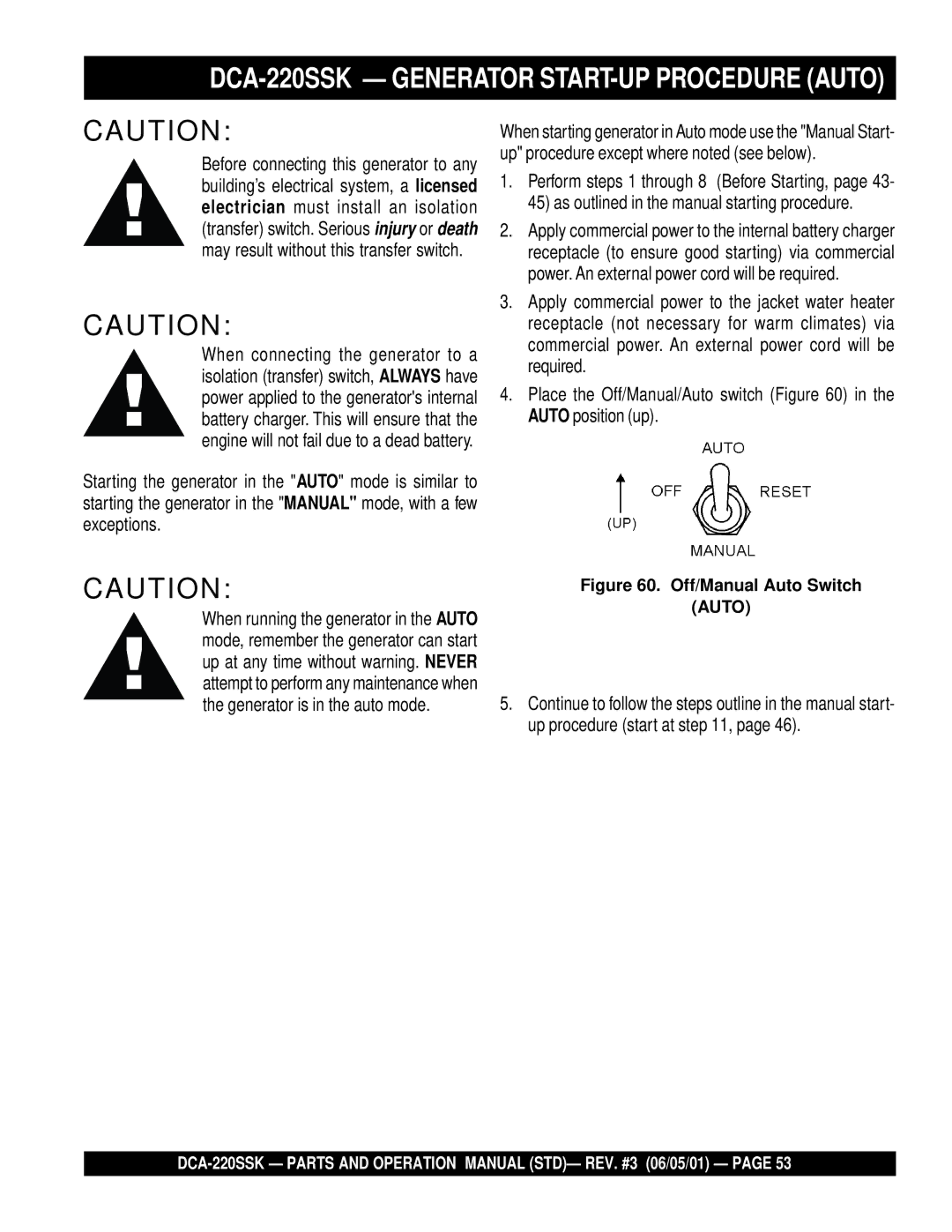 Multiquip operation manual DCA-220SSK Generator START-UP Procedure Auto 