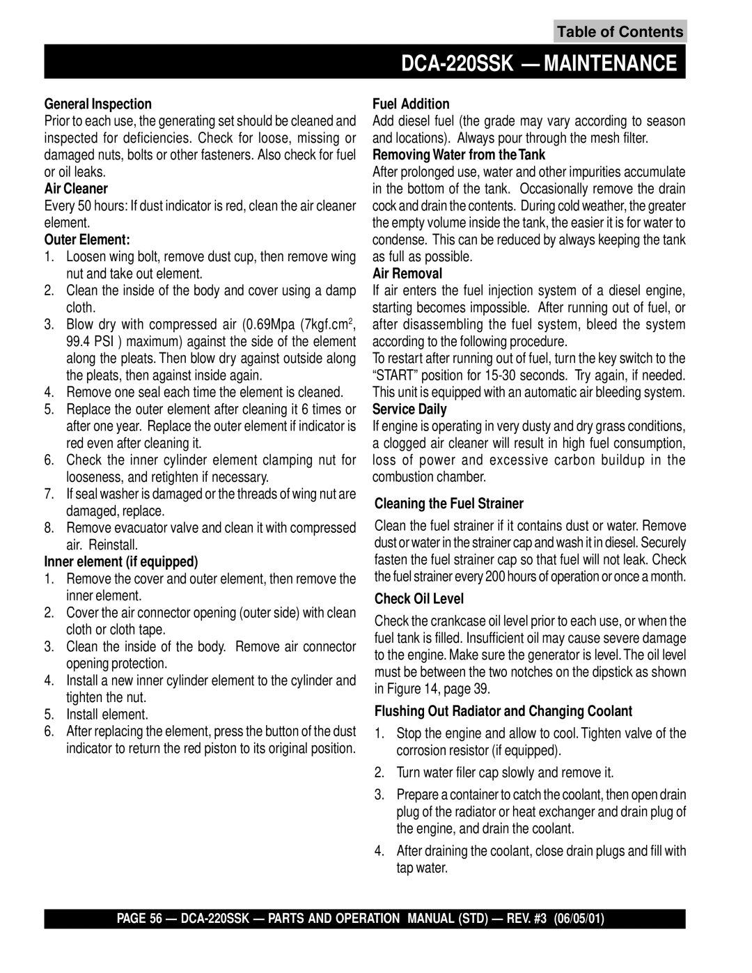 Multiquip operation manual DCA-220SSK Maintenance 