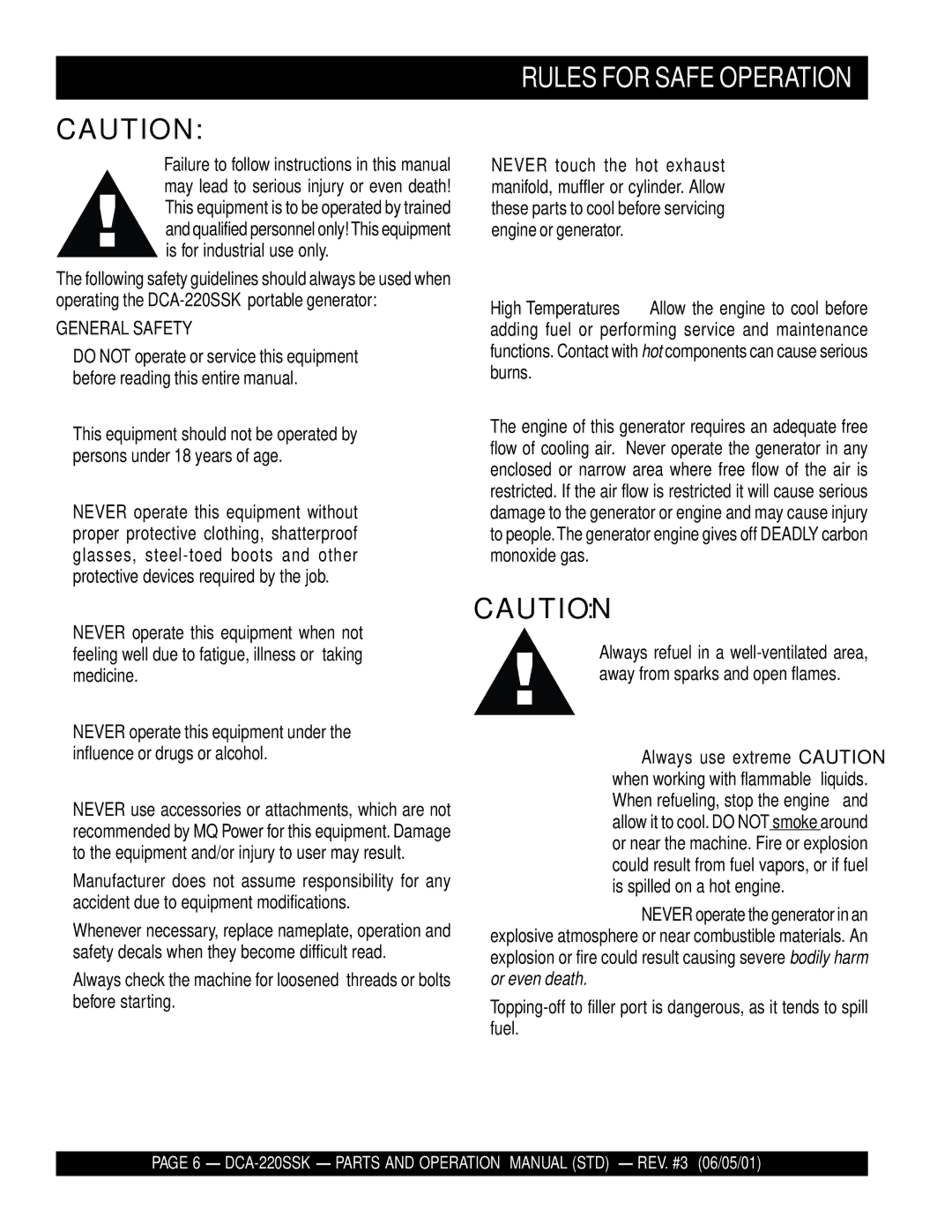 Multiquip DCA-220SSK operation manual Rules for Safe Operation, General Safety 