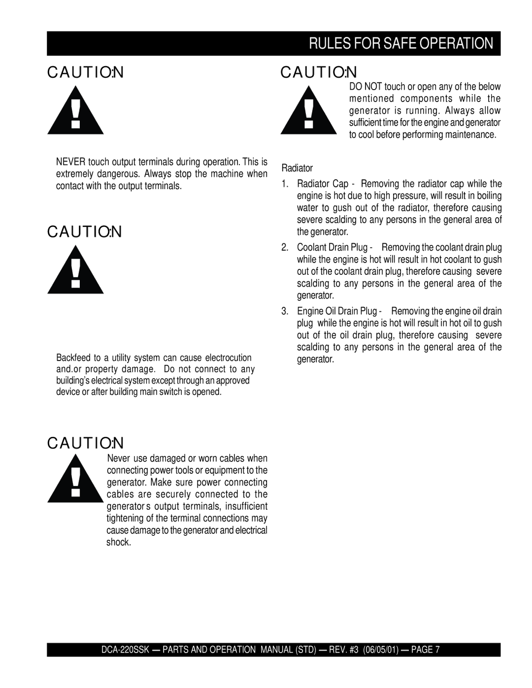 Multiquip DCA-220SSK operation manual Rules for Safe Operation, Radiator 