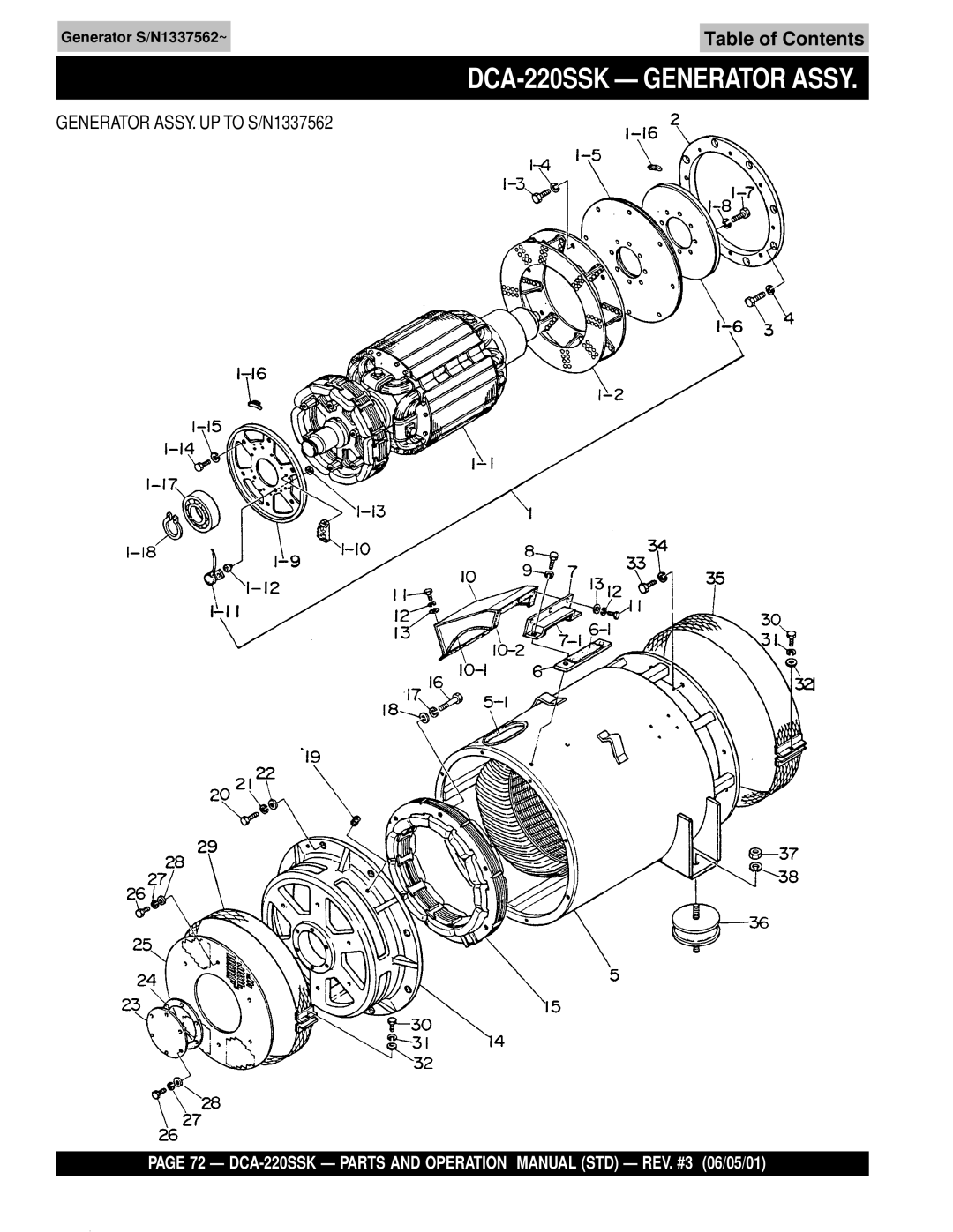 Multiquip DCA-220SSK operation manual Generator S/N1337562~ 