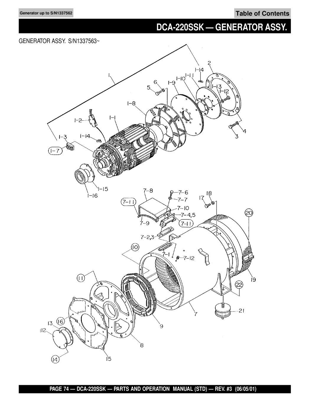 Multiquip DCA-220SSK operation manual Generator ASSY. S/N1337563~ 