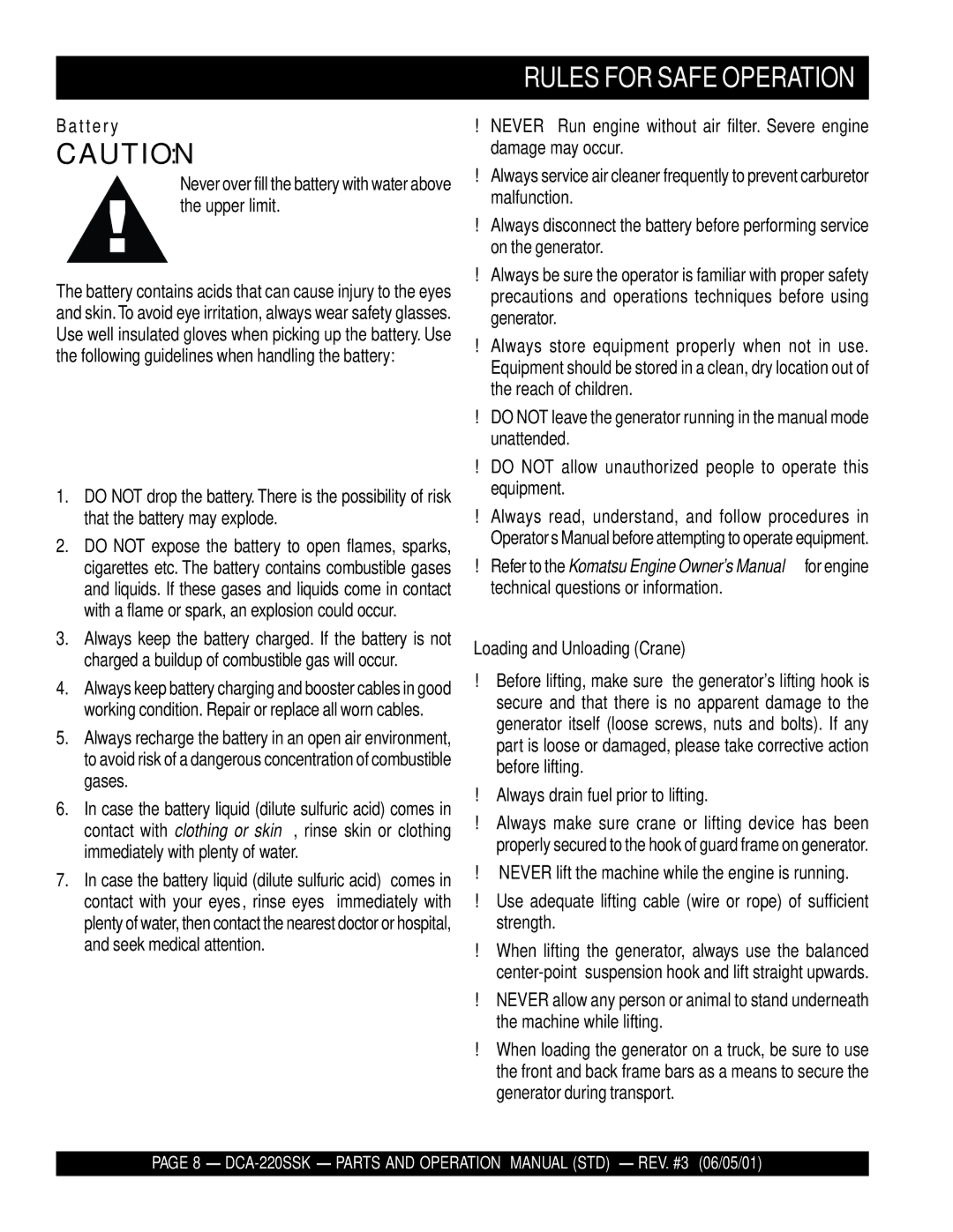 Multiquip DCA-220SSK operation manual T t e r y, Loading and Unloading Crane 