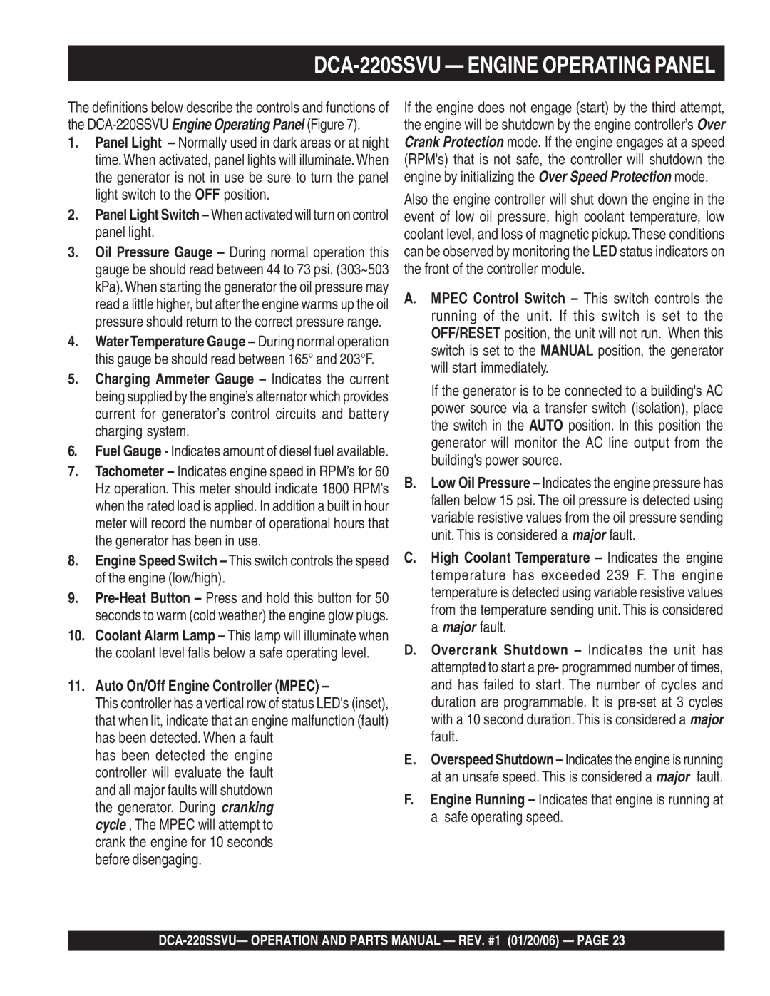 Multiquip operation manual DCA-220SSVU Engine Operating Panel, Auto On/Off Engine Controller Mpec 