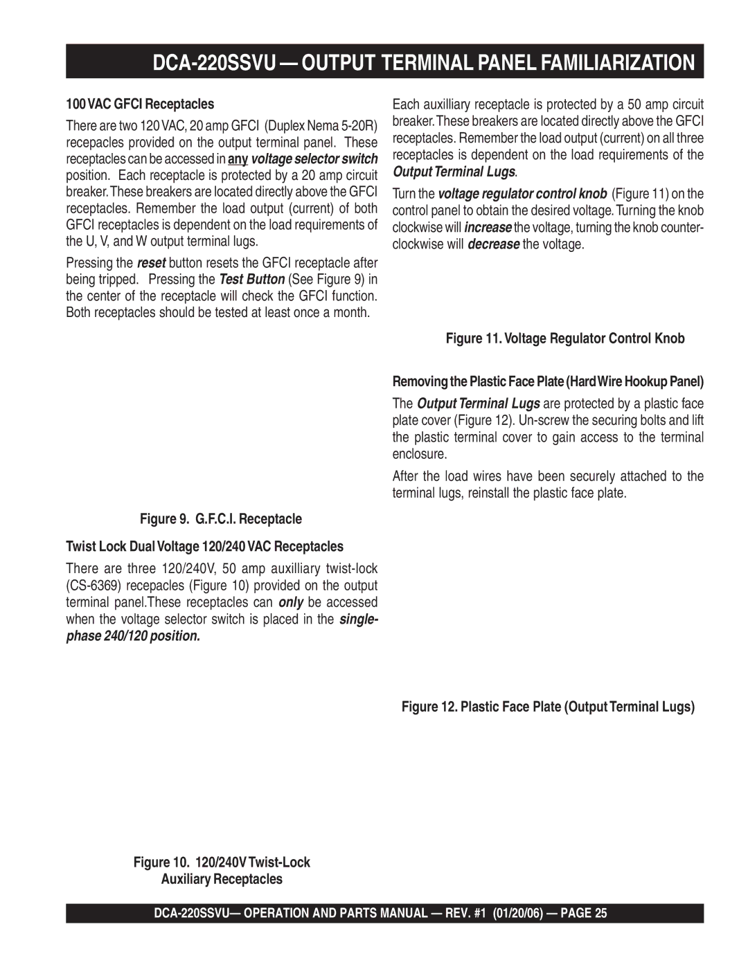 Multiquip operation manual DCA-220SSVU Output Terminal Panel Familiarization, 100VAC Gfci Receptacles 