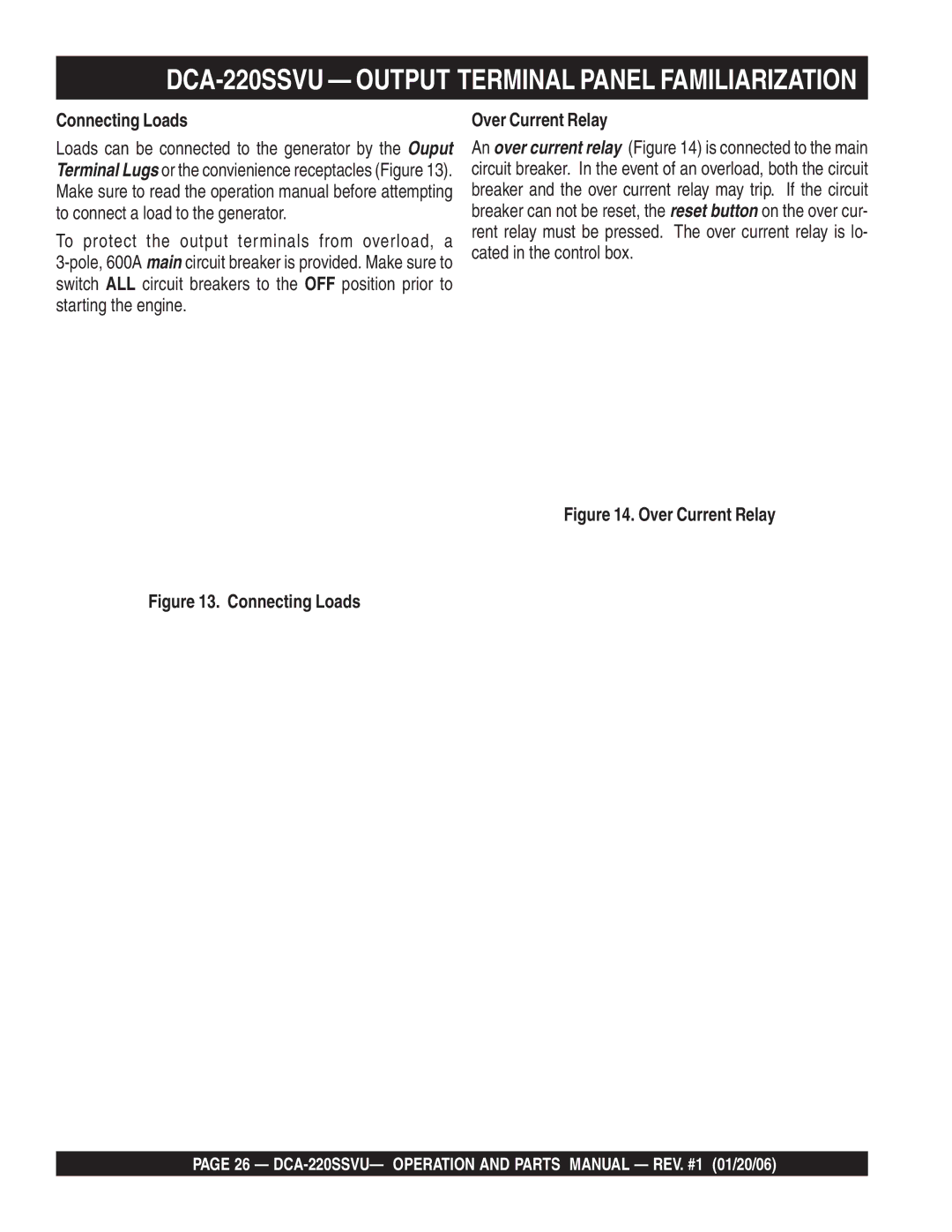 Multiquip DCA-220SSVU operation manual Connecting Loads, Over Current Relay 