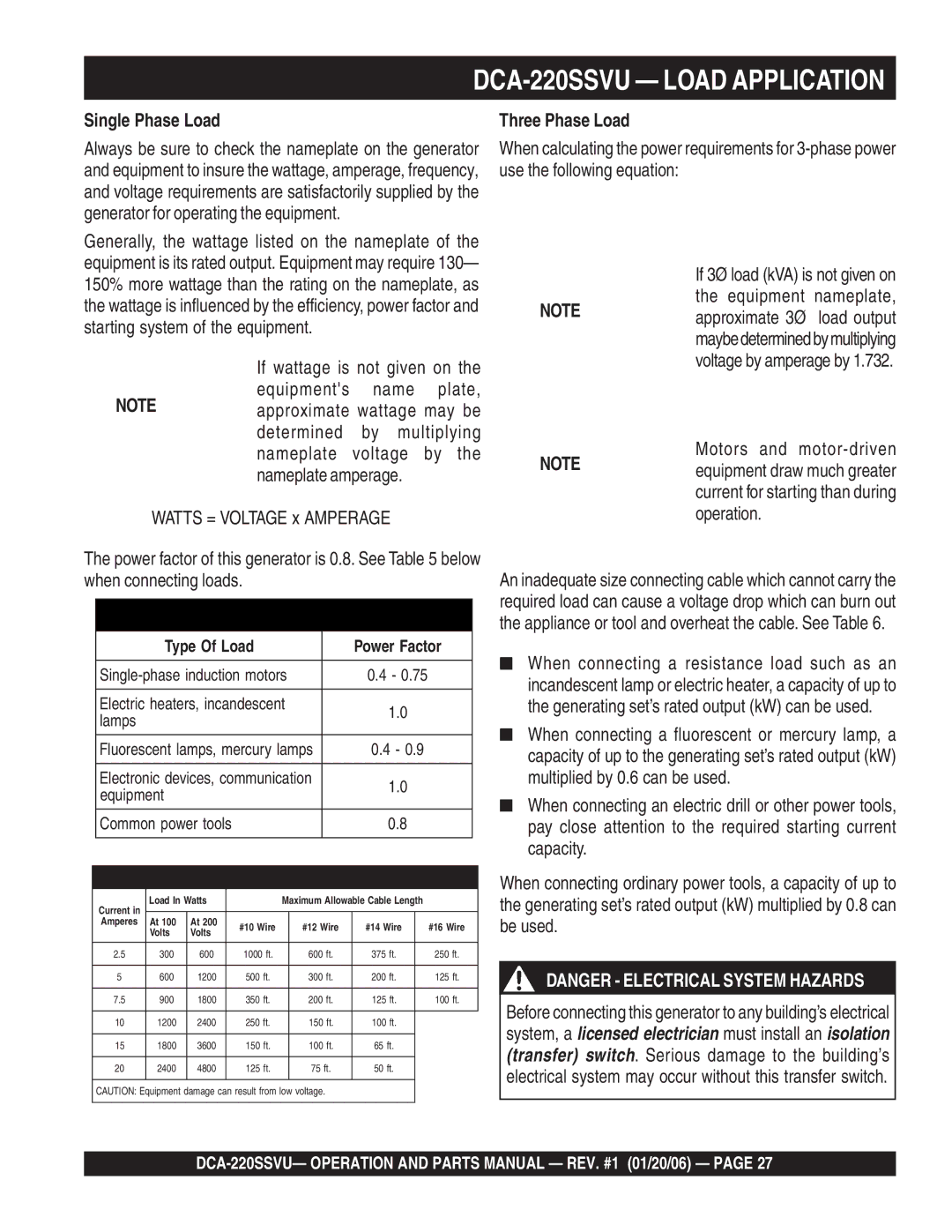 Multiquip operation manual DCA-220SSVU Load Application, Single Phase Load, Three Phase Load 