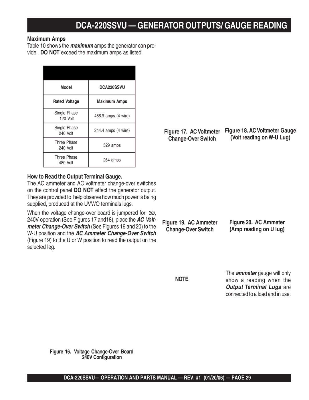 Multiquip DCA-220SSVU Generator OUTPUTS/ Gauge Reading, Maximum Amps, How to Read the Output Terminal Gauge 